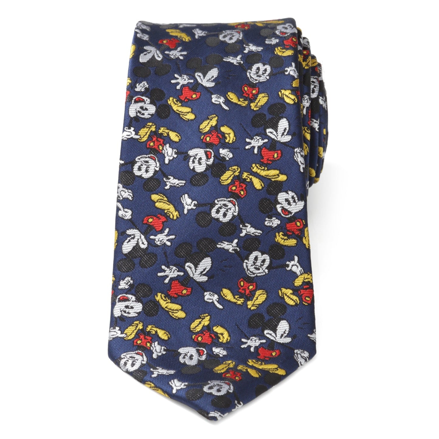 Navy blue tie with colorful Mickey Mouse pattern on a white background