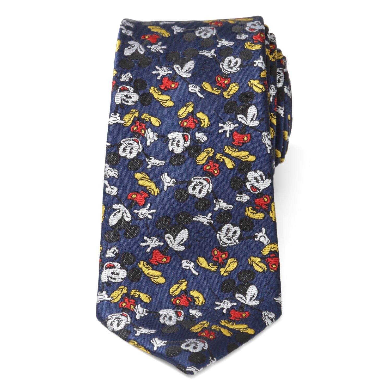 Navy blue tie with colorful Mickey Mouse pattern on a white background