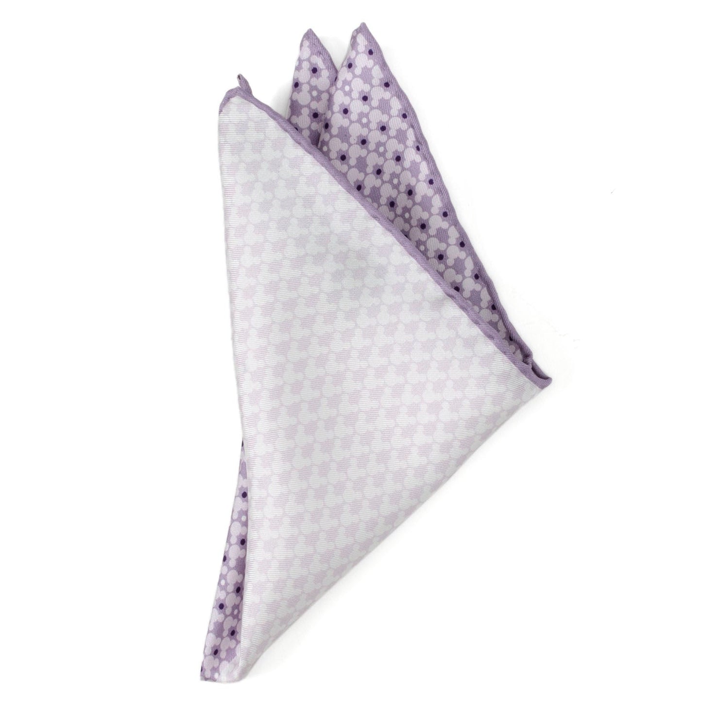 Folded pocket square with white and purple pattern on a white background