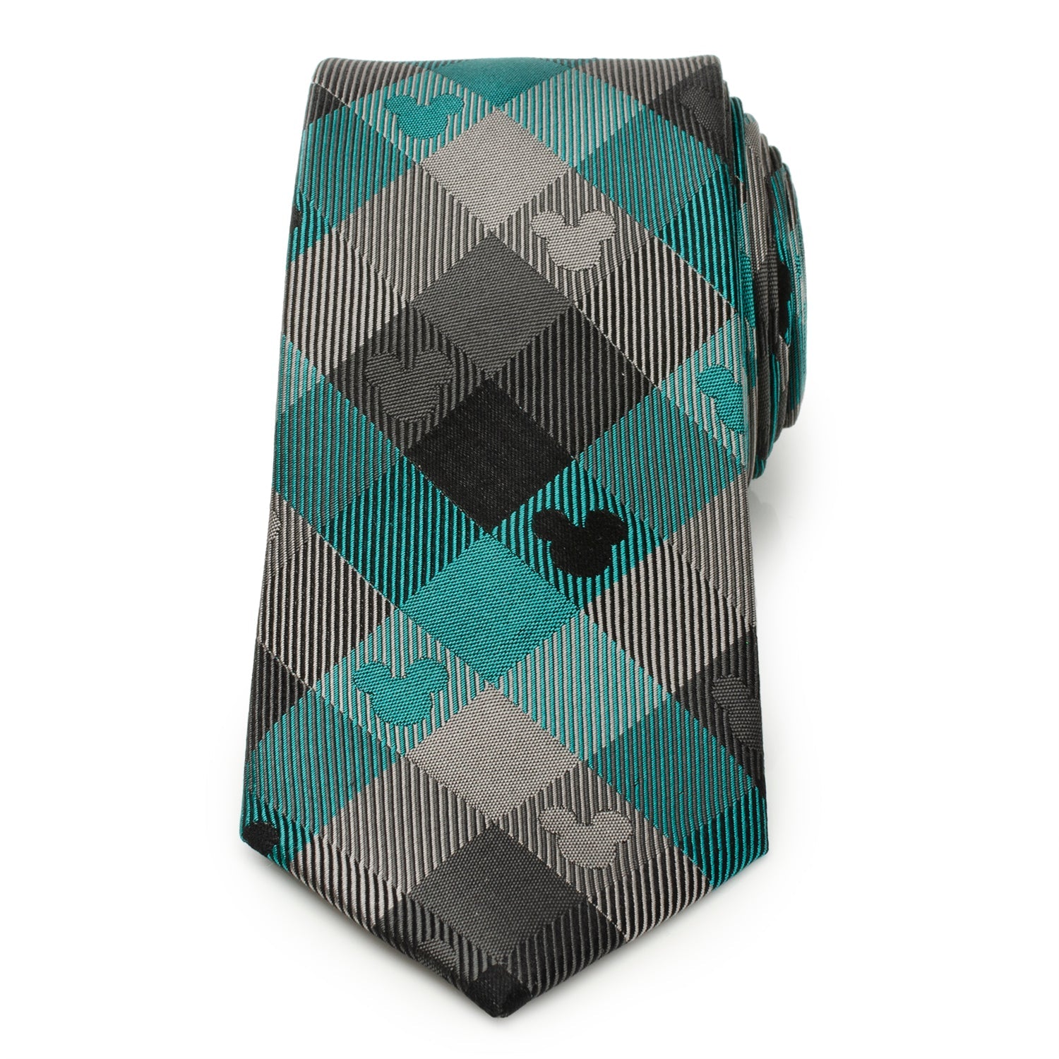Disney Mickey Mouse teal plaid silk men’s tie featuring woven Mickey silhouette pattern. Officially licensed by Disney.