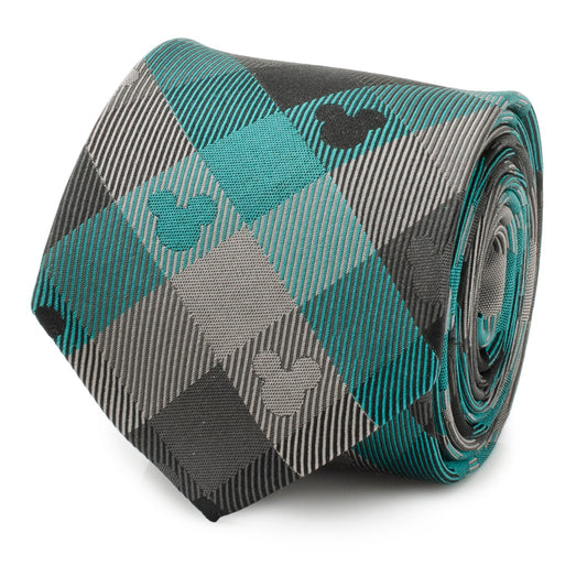 Disney Mickey Mouse teal plaid silk men’s tie featuring woven Mickey silhouette pattern. Officially licensed by Disney.