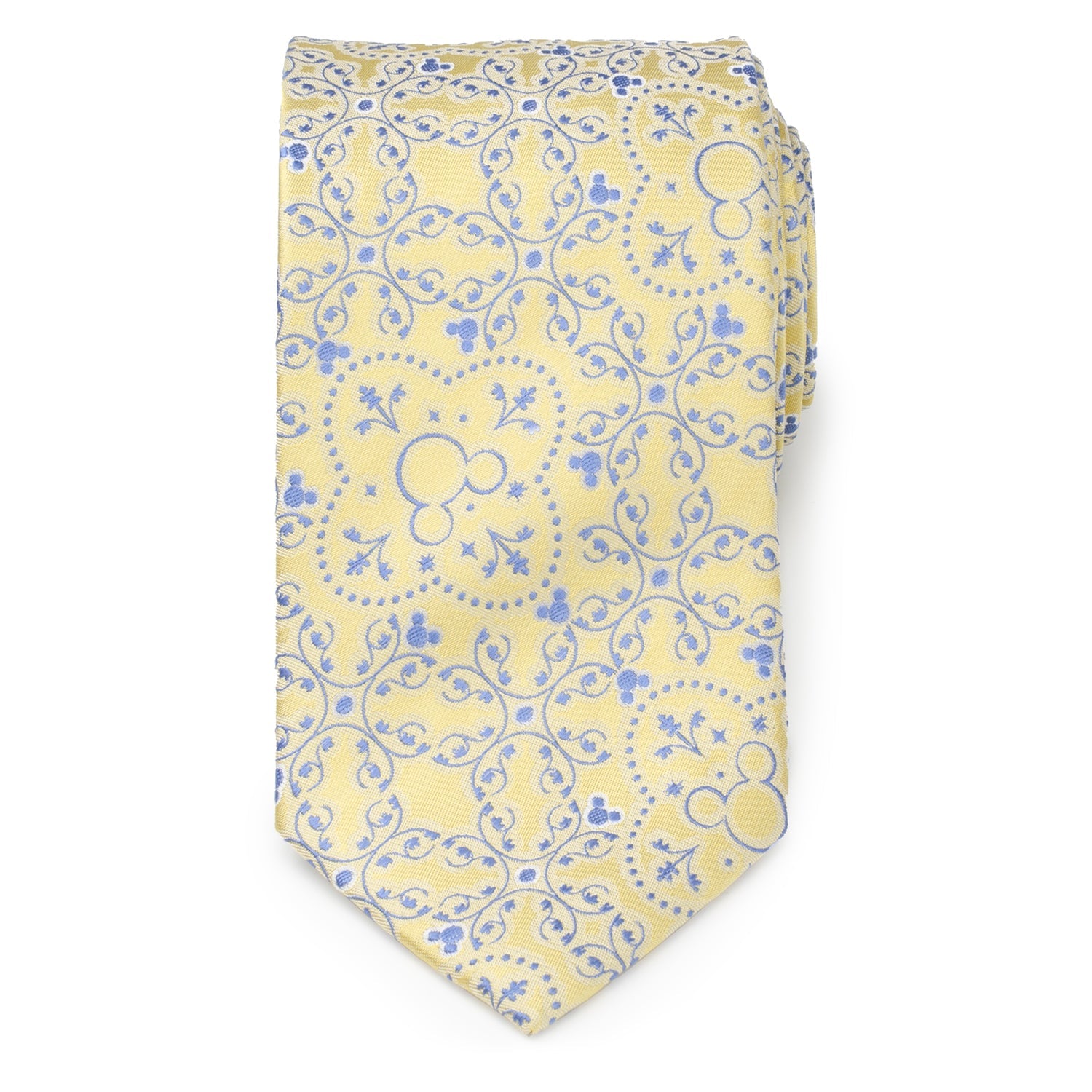 Yellow tie with blue floral pattern on a white background