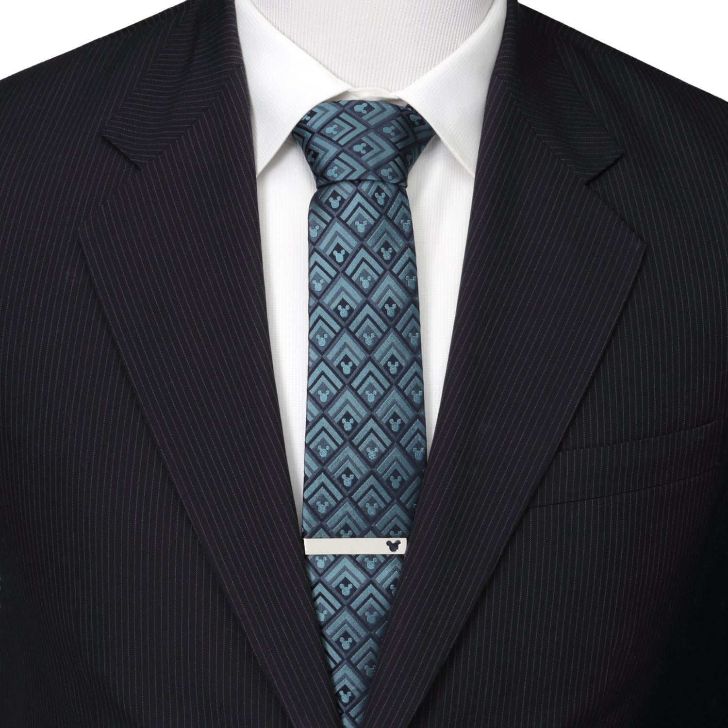 Disney Mickey Mouse Diamond Teal Men’s Tie featuring teal and blue chevron diamond pattern with hidden Mickey icons, officially licensed by Disney.