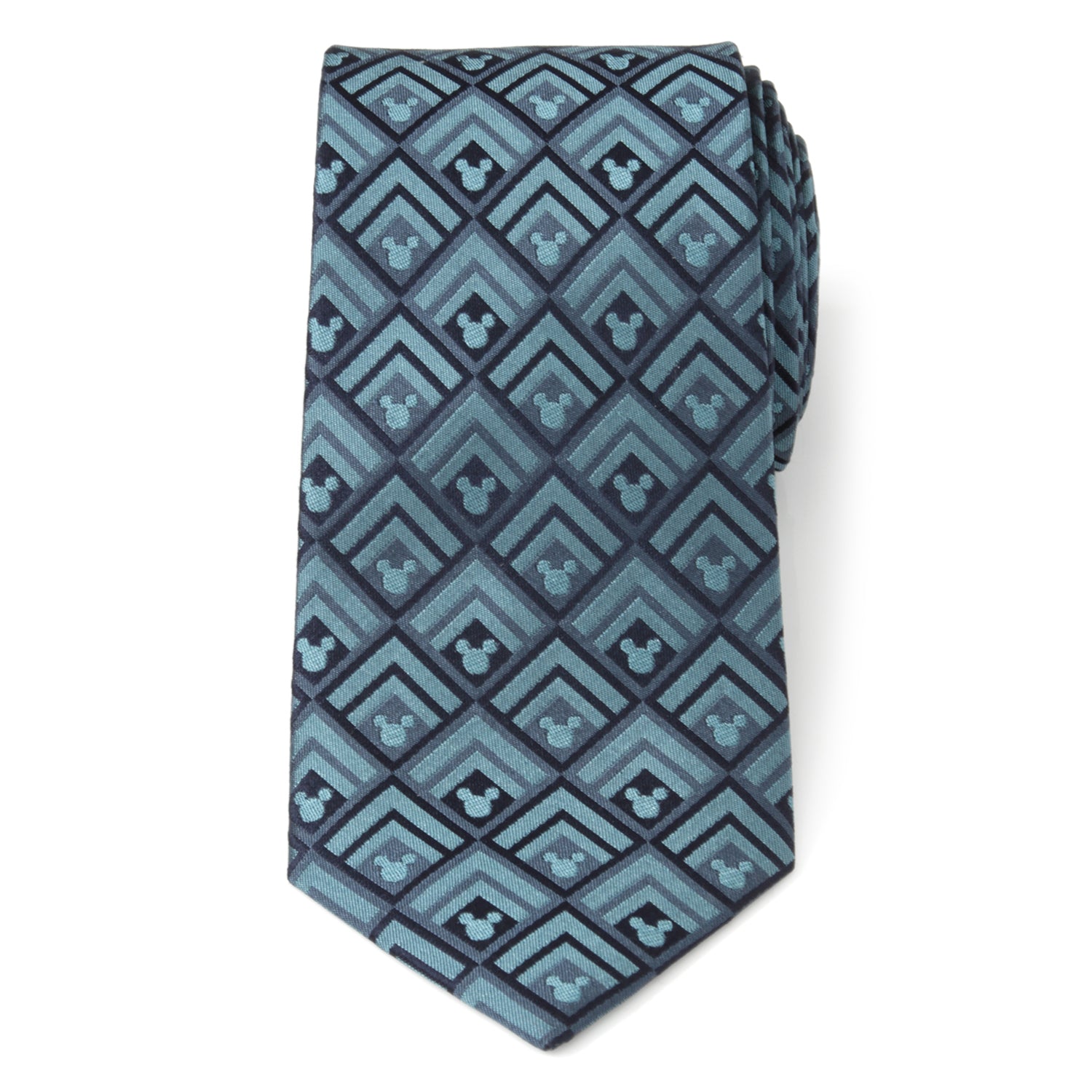 Disney Mickey Mouse Diamond Teal Men’s Tie featuring teal and blue chevron diamond pattern with hidden Mickey icons, officially licensed by Disney.