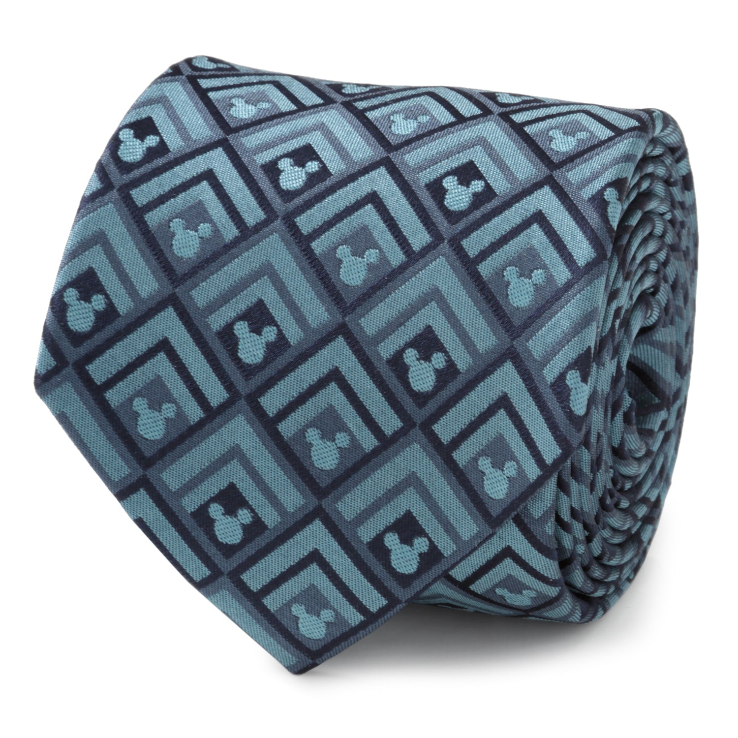 Disney Mickey Mouse Diamond Teal Men’s Tie featuring teal and blue chevron diamond pattern with hidden Mickey icons, officially licensed by Disney.