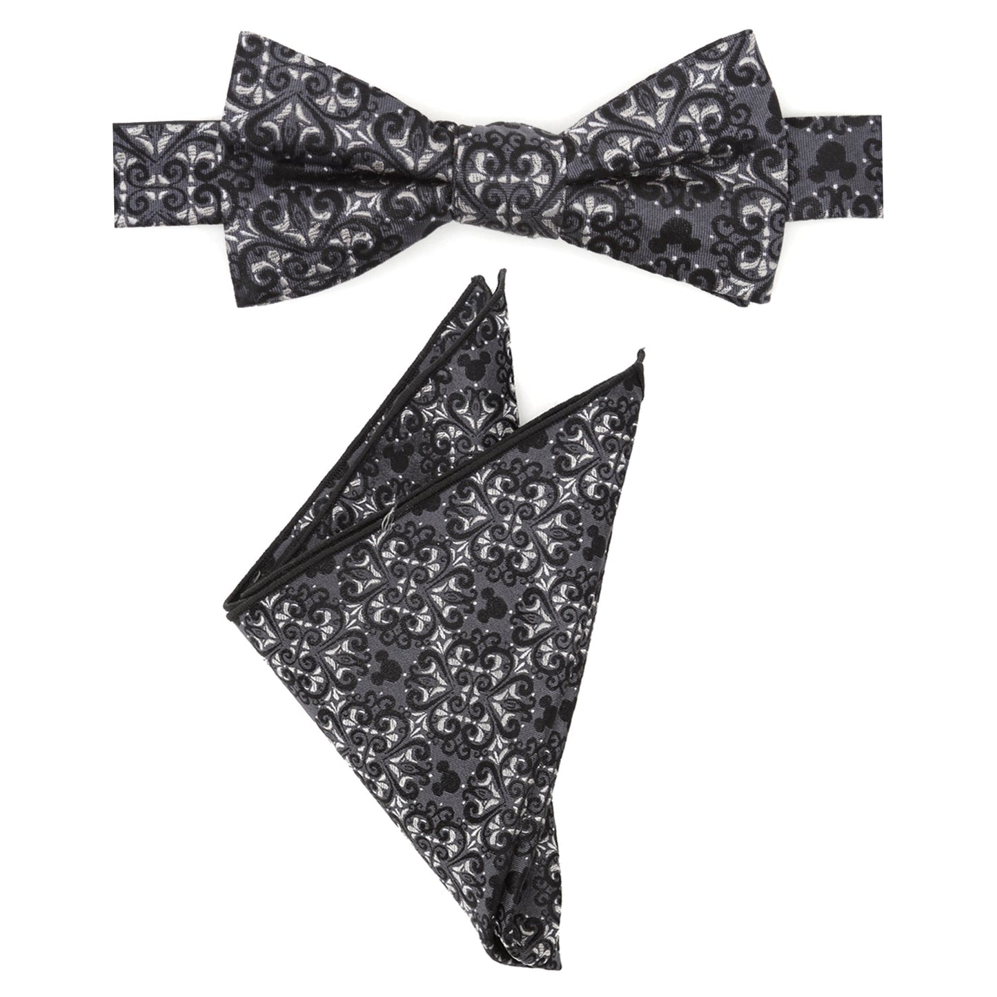 Black patterned bow tie and pocket square set on a white background Hidden Mickey house