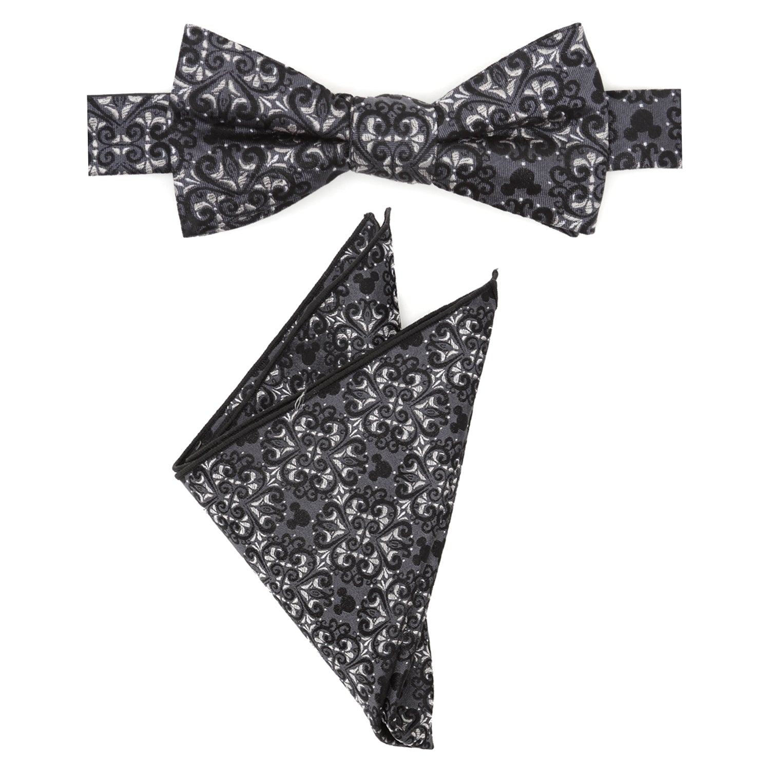 Black patterned bow tie and pocket square set on a white background Hidden Mickey house