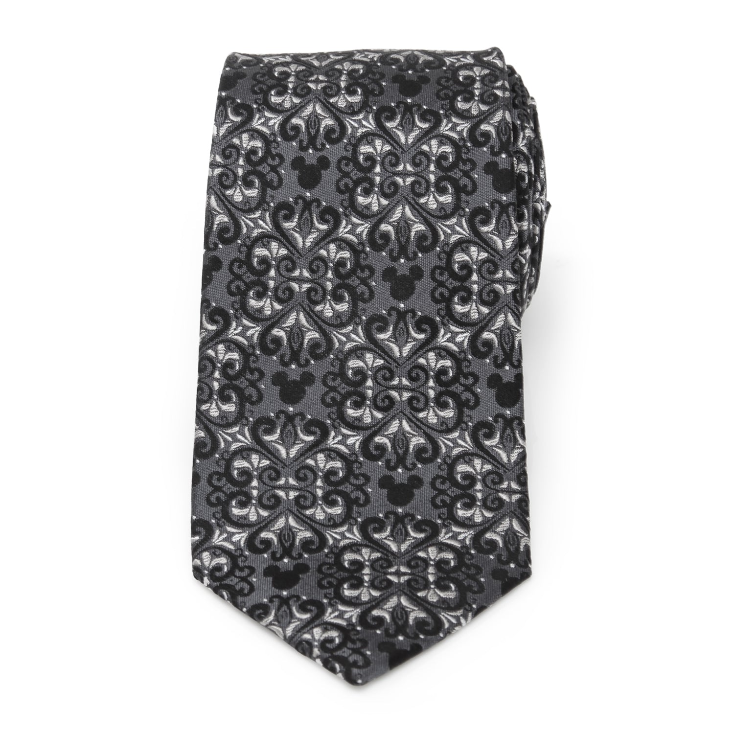 Black patterned tie with Mickey Mouse design on a white background