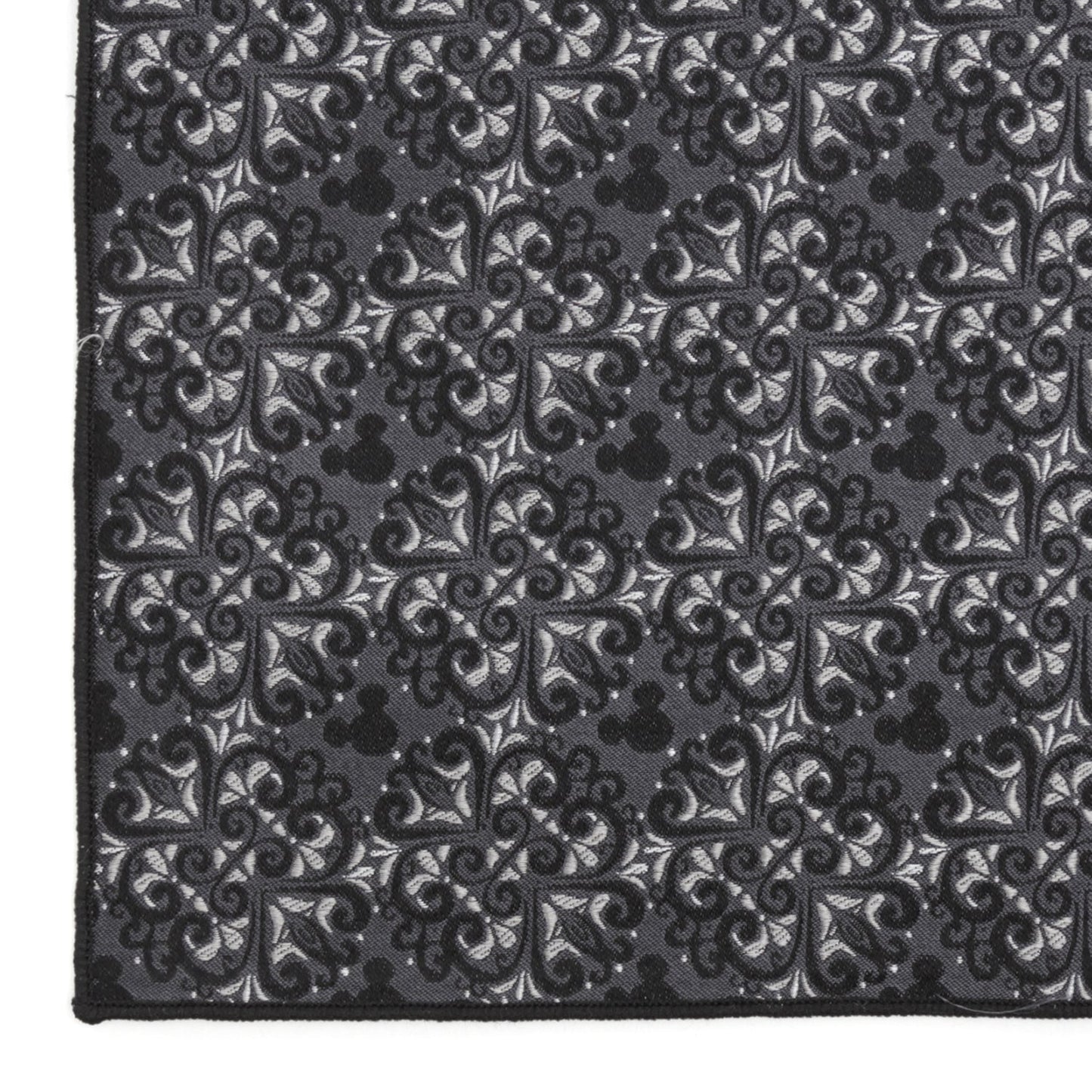 Disney Mickey Mouse Damask Tile Silk Pocket Square featuring gray and silver damask pattern with subtle Mickey icons. Officially licensed by Disney.