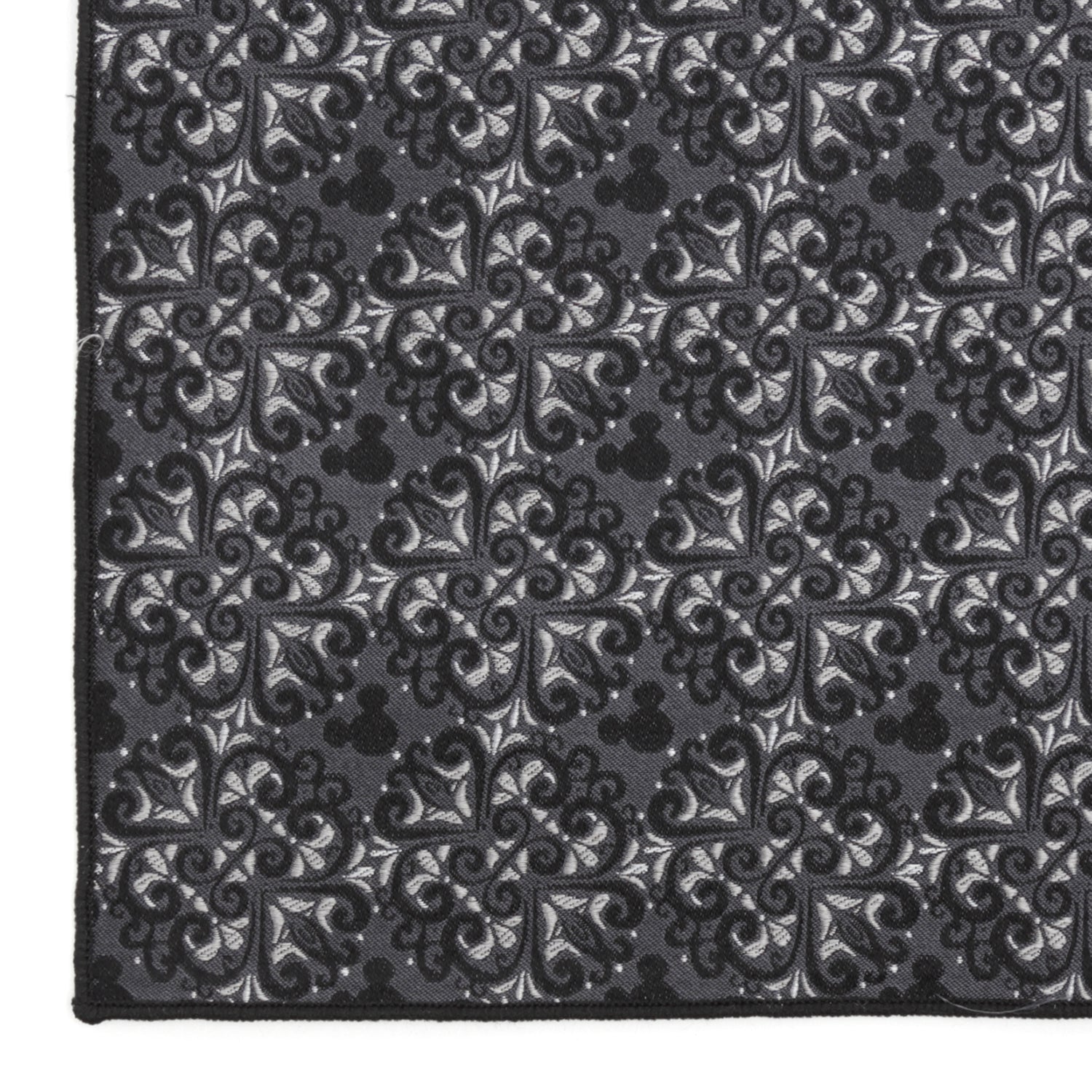 Disney Mickey Mouse Damask Tile Silk Pocket Square featuring gray and silver damask pattern with subtle Mickey icons. Officially licensed by Disney.