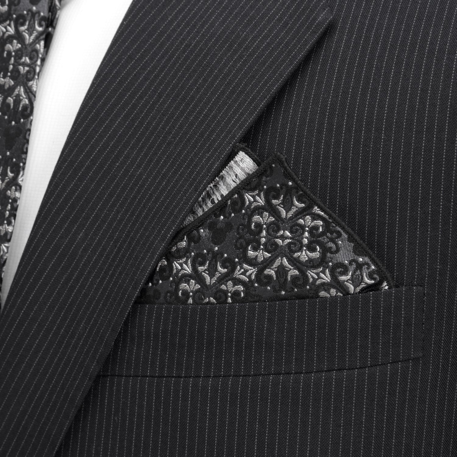 Disney Mickey Mouse Damask Tile Silk Pocket Square featuring gray and silver damask pattern with subtle Mickey icons. Officially licensed by Disney.