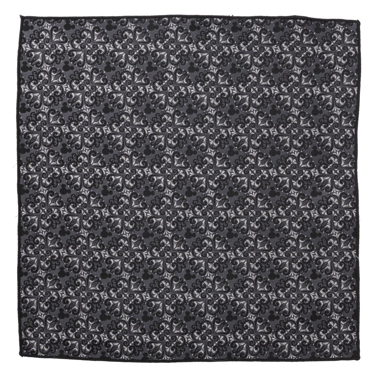 Disney Mickey Mouse Damask Tile Silk Pocket Square featuring gray and silver damask pattern with subtle Mickey icons. Officially licensed by Disney.