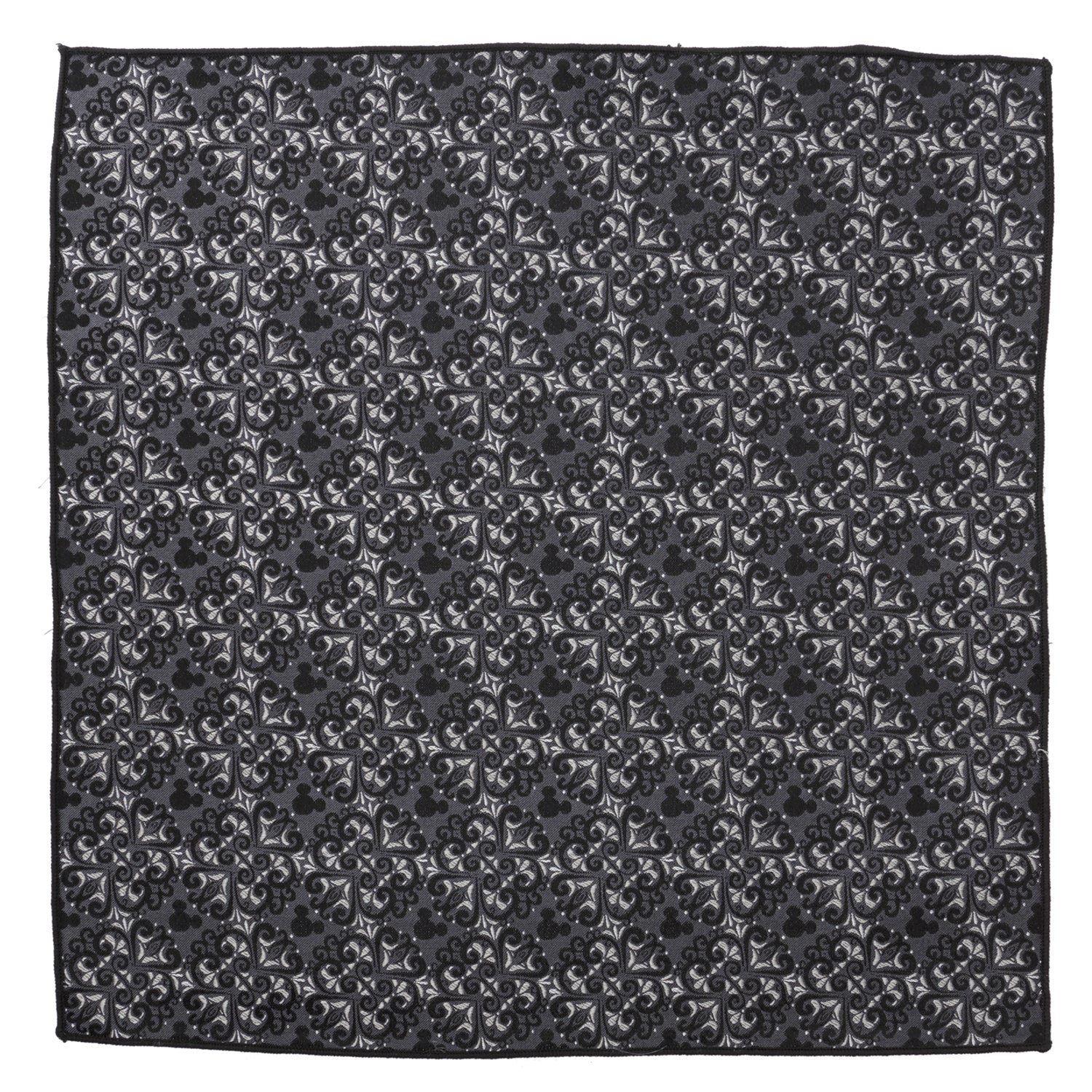 Disney Mickey Mouse Damask Tile Silk Pocket Square featuring gray and silver damask pattern with subtle Mickey icons. Officially licensed by Disney.
