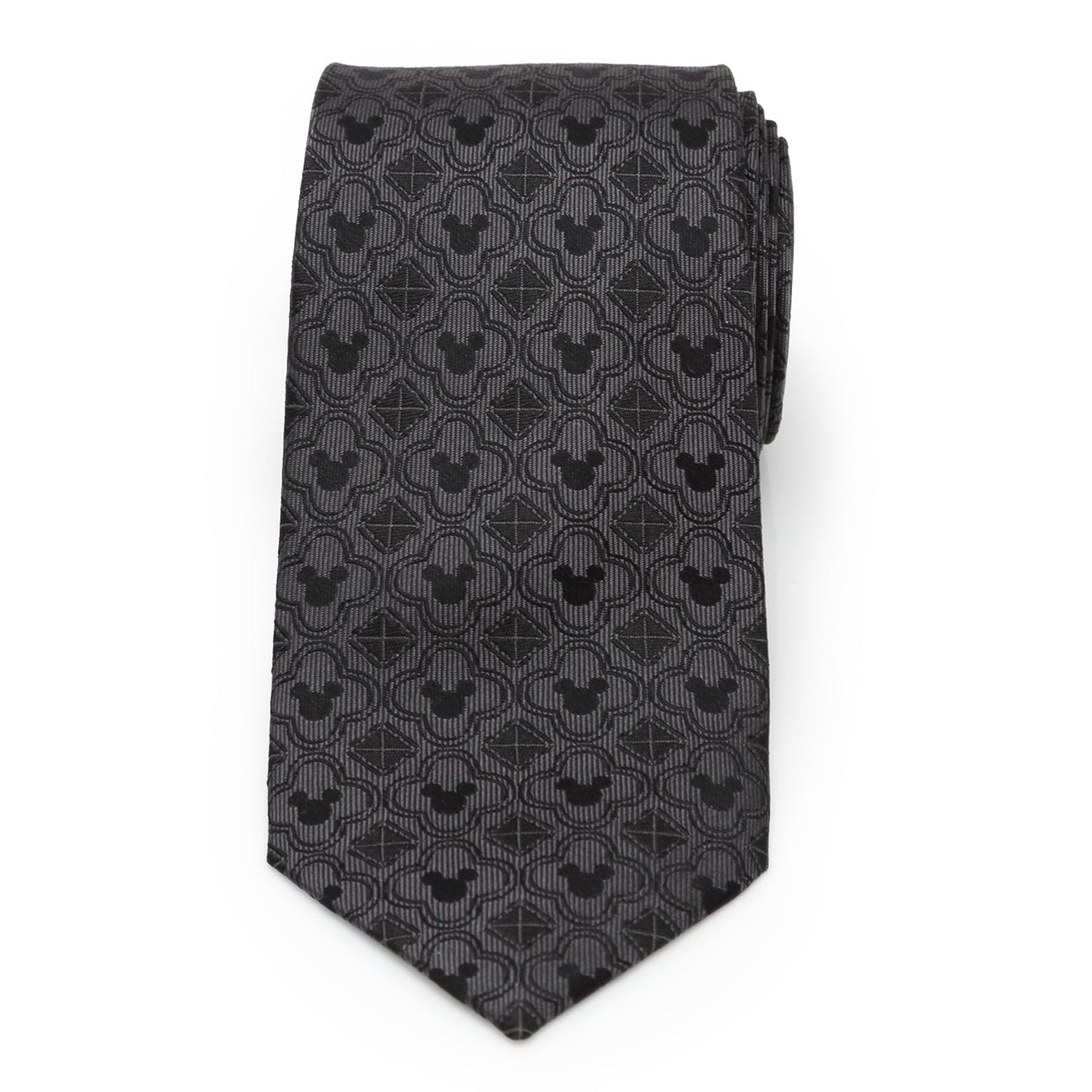 Disney Mickey Mouse Black Pattern Silk Men’s Tie featuring subtle woven Mickey silhouettes and geometric shapes. Officially licensed by Disney.