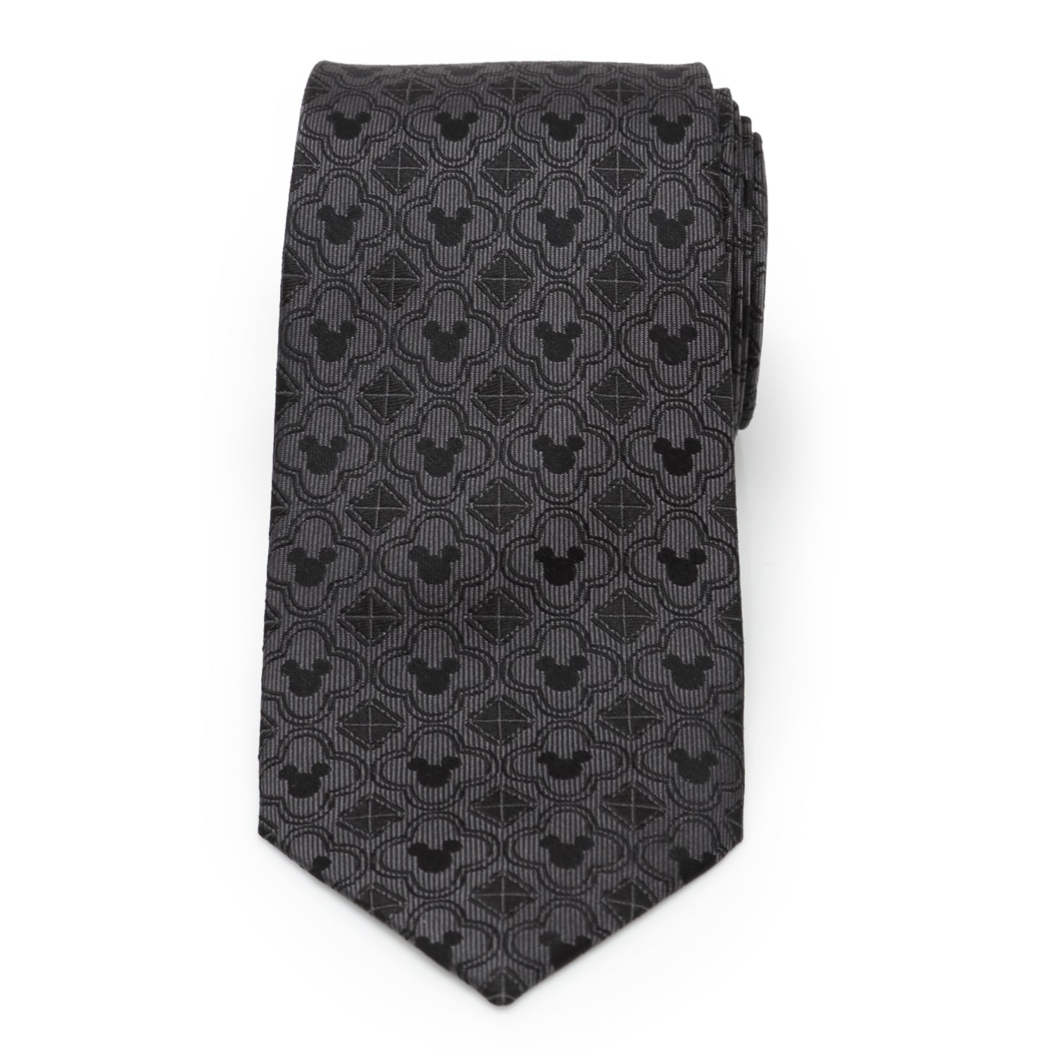 Disney Mickey Mouse Black Pattern Silk Men’s Tie featuring subtle woven Mickey silhouettes and geometric shapes. Officially licensed by Disney.