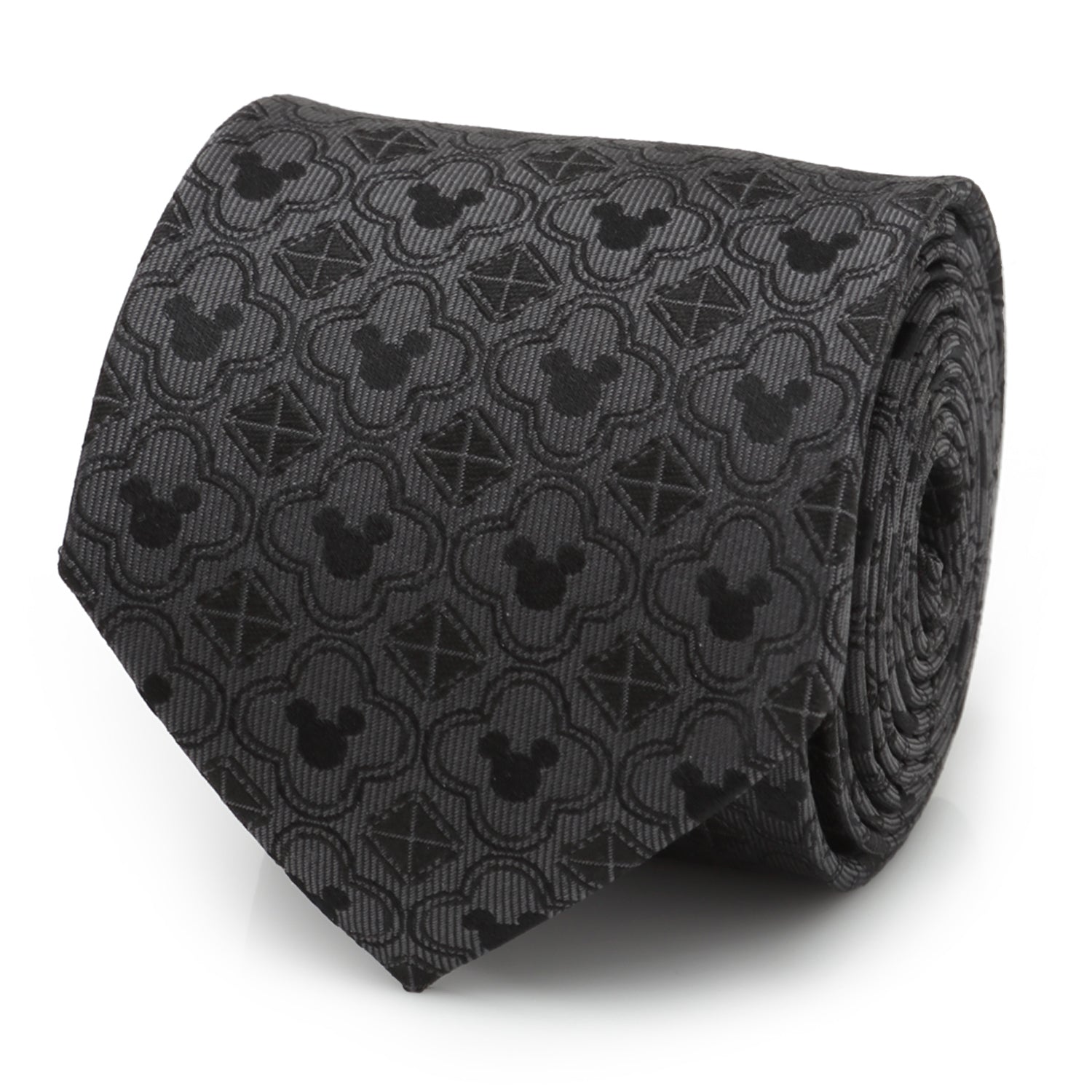 Disney Mickey Mouse Black Pattern Silk Men’s Tie featuring subtle woven Mickey silhouettes and geometric shapes. Officially licensed by Disney.