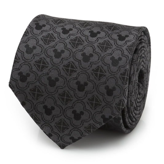 Disney Mickey Mouse Black Pattern Silk Men’s Tie featuring subtle woven Mickey silhouettes and geometric shapes. Officially licensed by Disney.