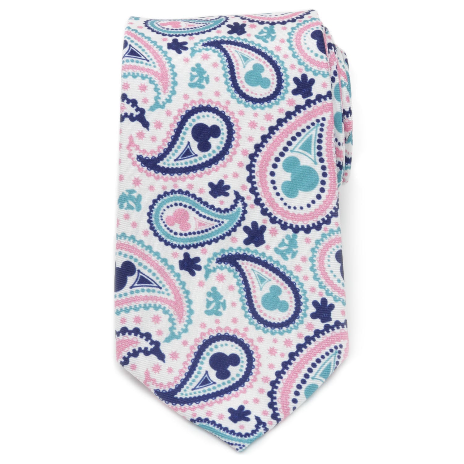 Disney Mickey Mouse paisley multi-color silk tie featuring hidden Mickey icons in teal, navy, and pink. Officially licensed Disney men’s accessory by JayPins.