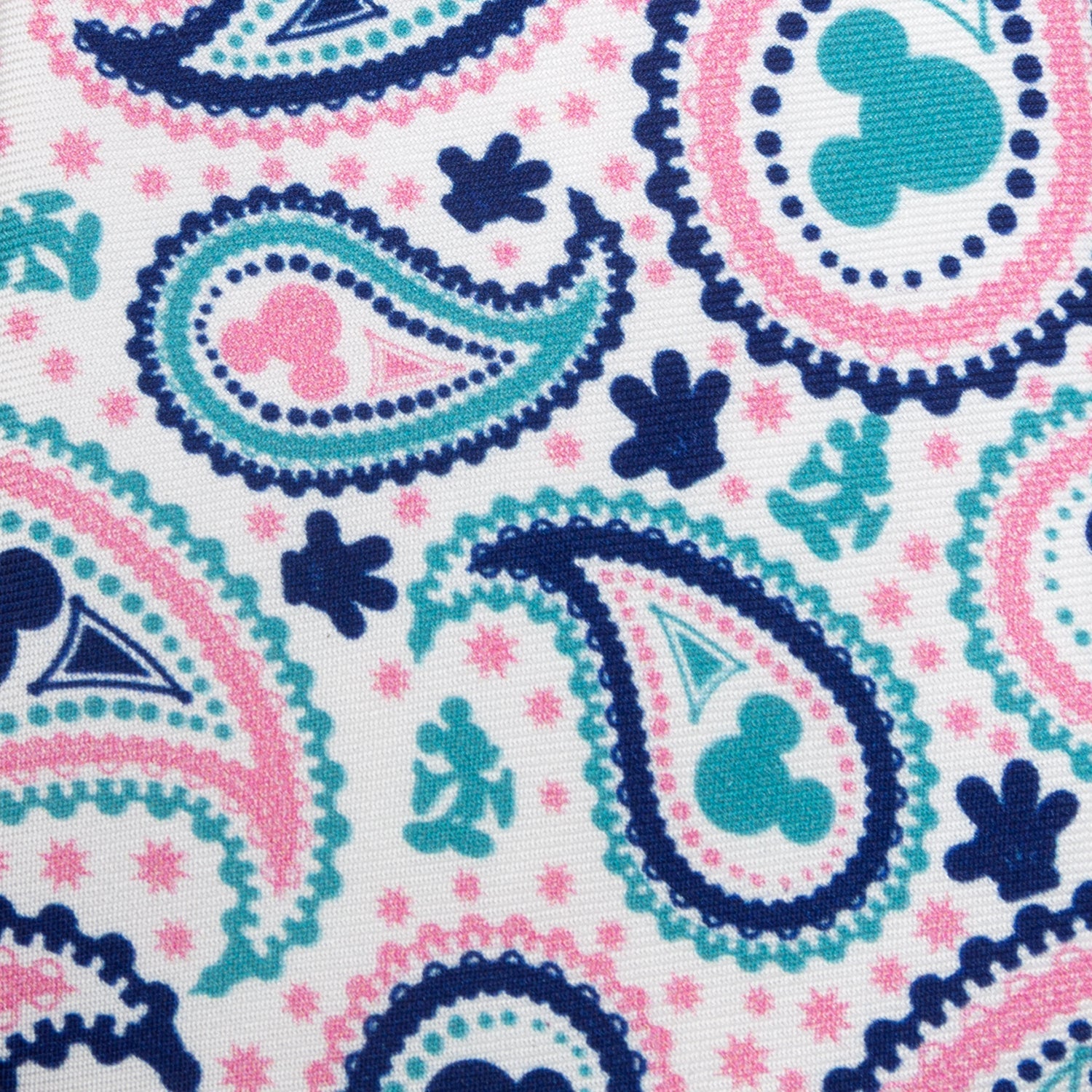 Disney Mickey Mouse paisley multi-color silk tie featuring hidden Mickey icons in teal, navy, and pink. Officially licensed Disney men’s accessory by JayPins.