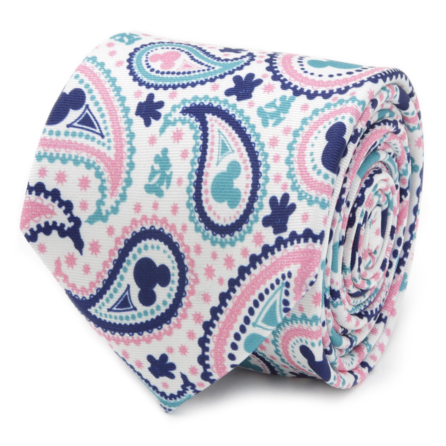 Disney Mickey Mouse paisley multi-color silk tie featuring hidden Mickey icons in teal, navy, and pink. Officially licensed Disney men’s accessory by JayPins.