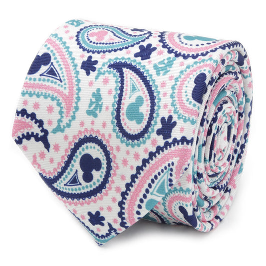 Disney Mickey Mouse paisley multi-color silk tie featuring hidden Mickey icons in teal, navy, and pink. Officially licensed Disney men’s accessory by JayPins.