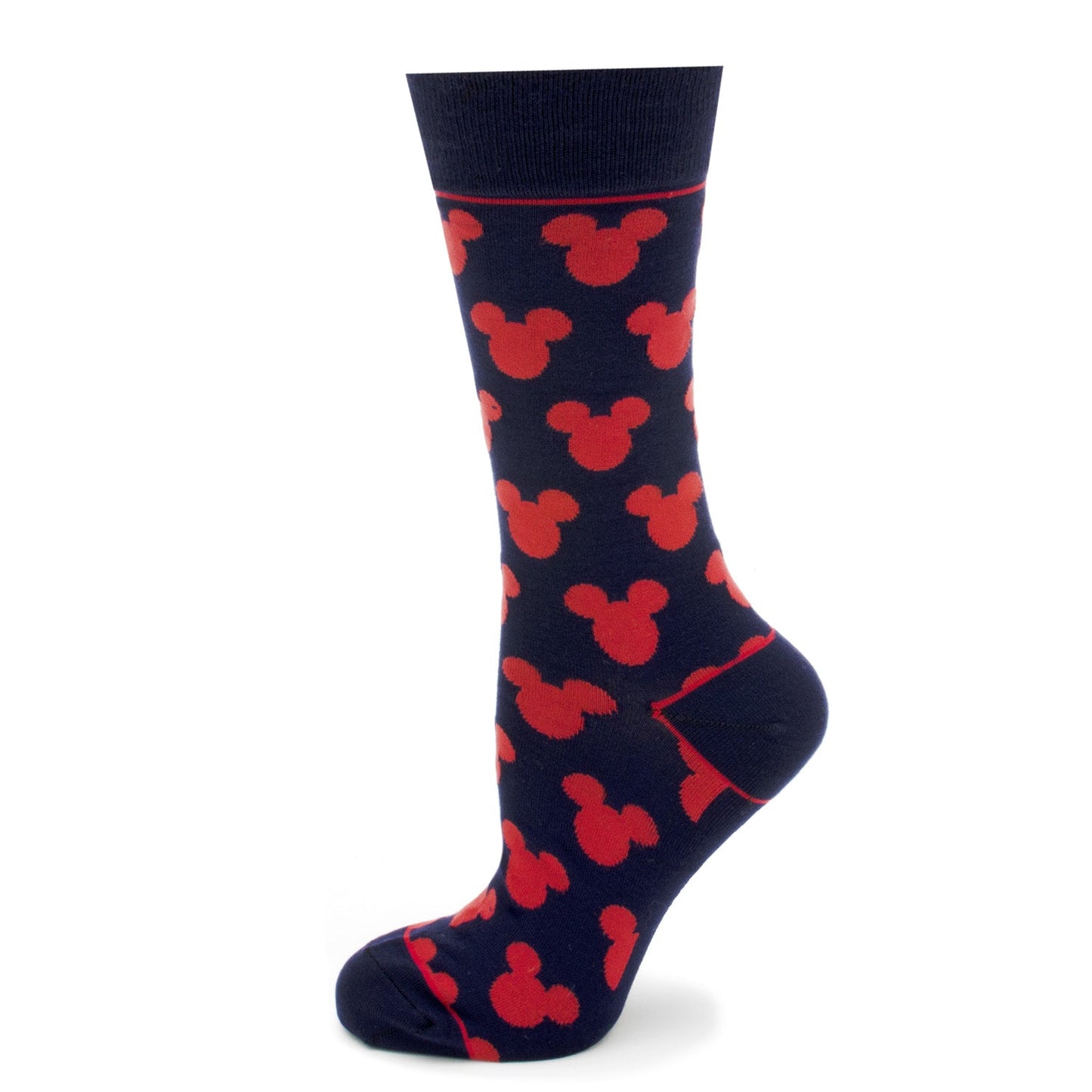 Navy sock with red Mickey Mouse ears pattern on a white background