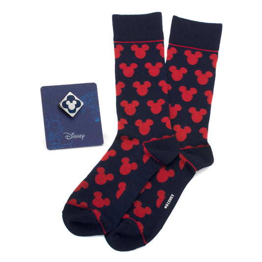 Navy socks with red Mickey Mouse ears pattern and Disney card on a white background