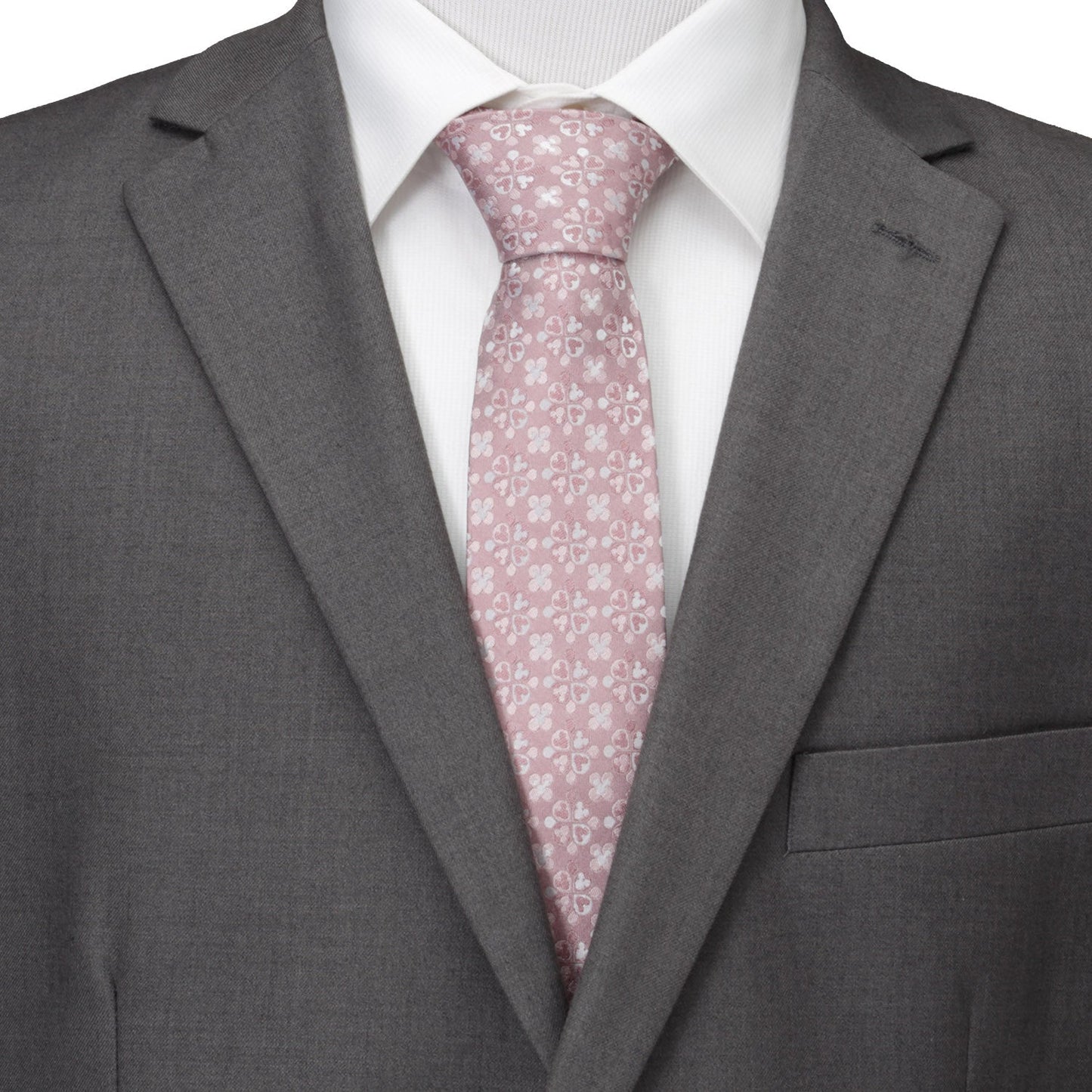 Gray suit jacket with a white shirt and pink floral tie on a white background Hidden Micke Mouse