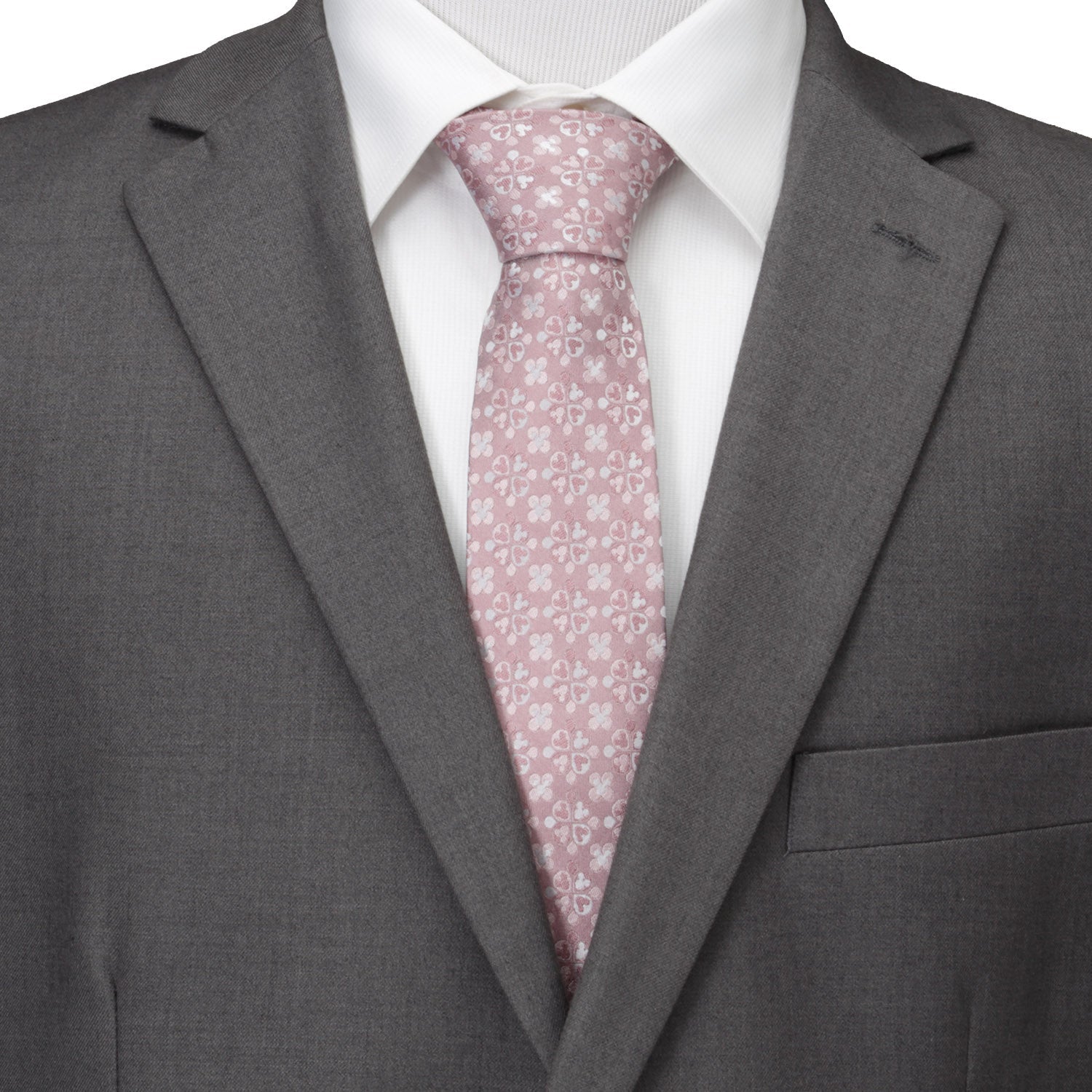 Gray suit jacket with a white shirt and pink floral tie on a white background Hidden Micke Mouse