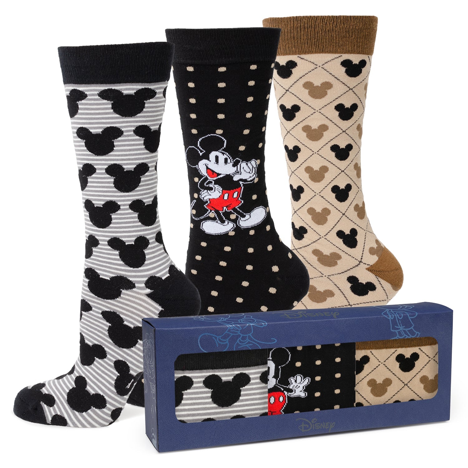Three pairs of socks with Mickey Mouse design in a box on a white background