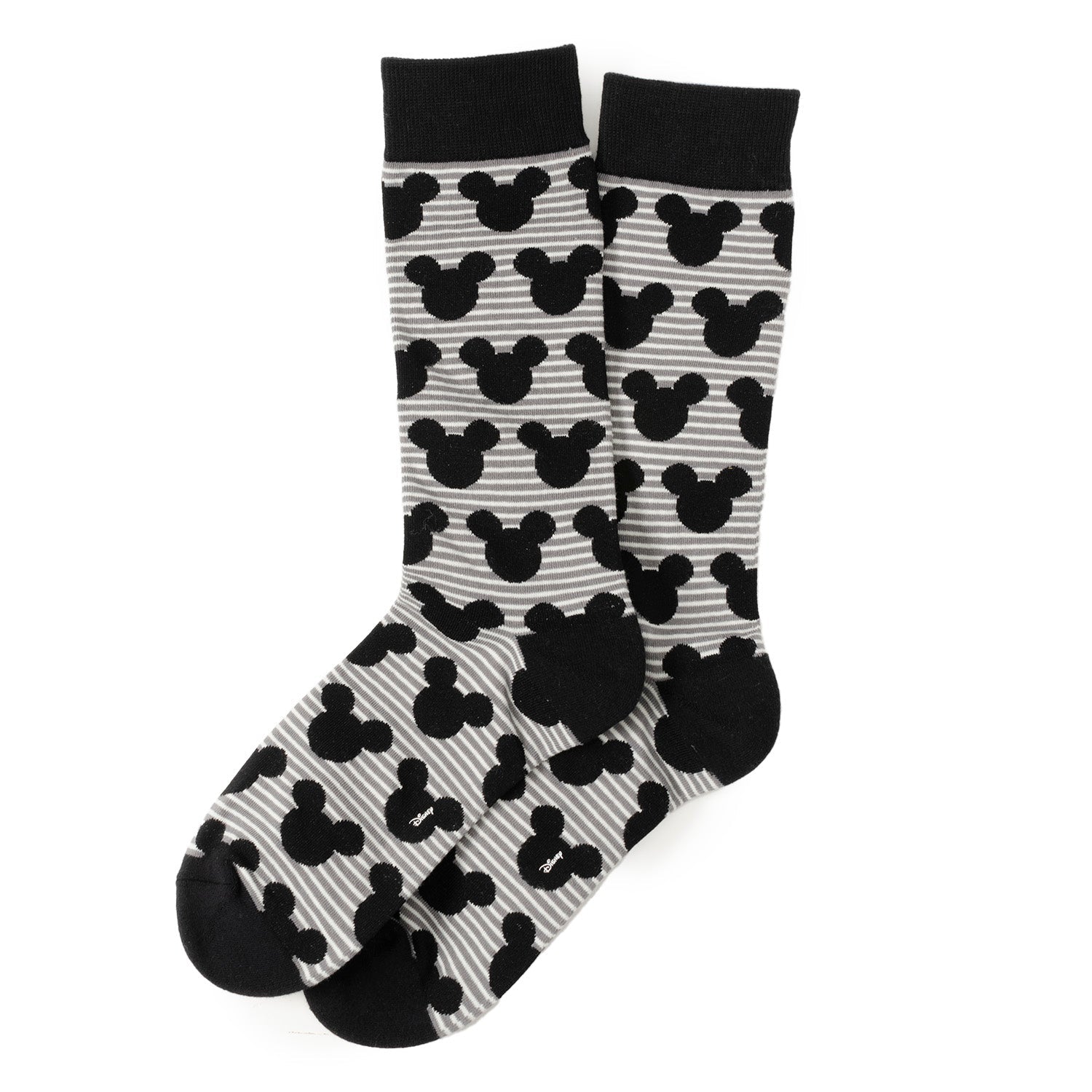 Black and white patterned socks with Mickey Mouse ears design on a white background