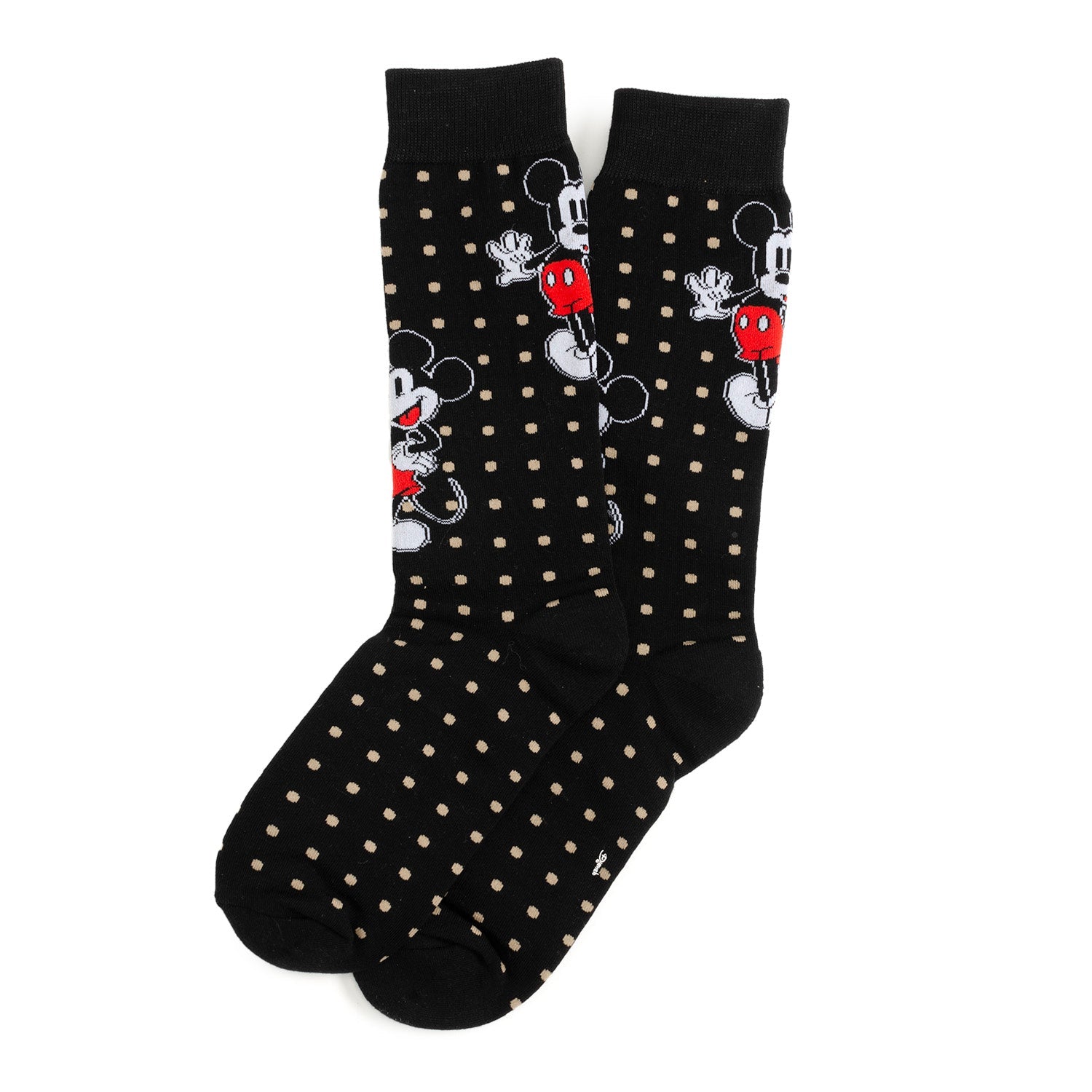 Black socks with white polka dots and cartoon character design on a white background