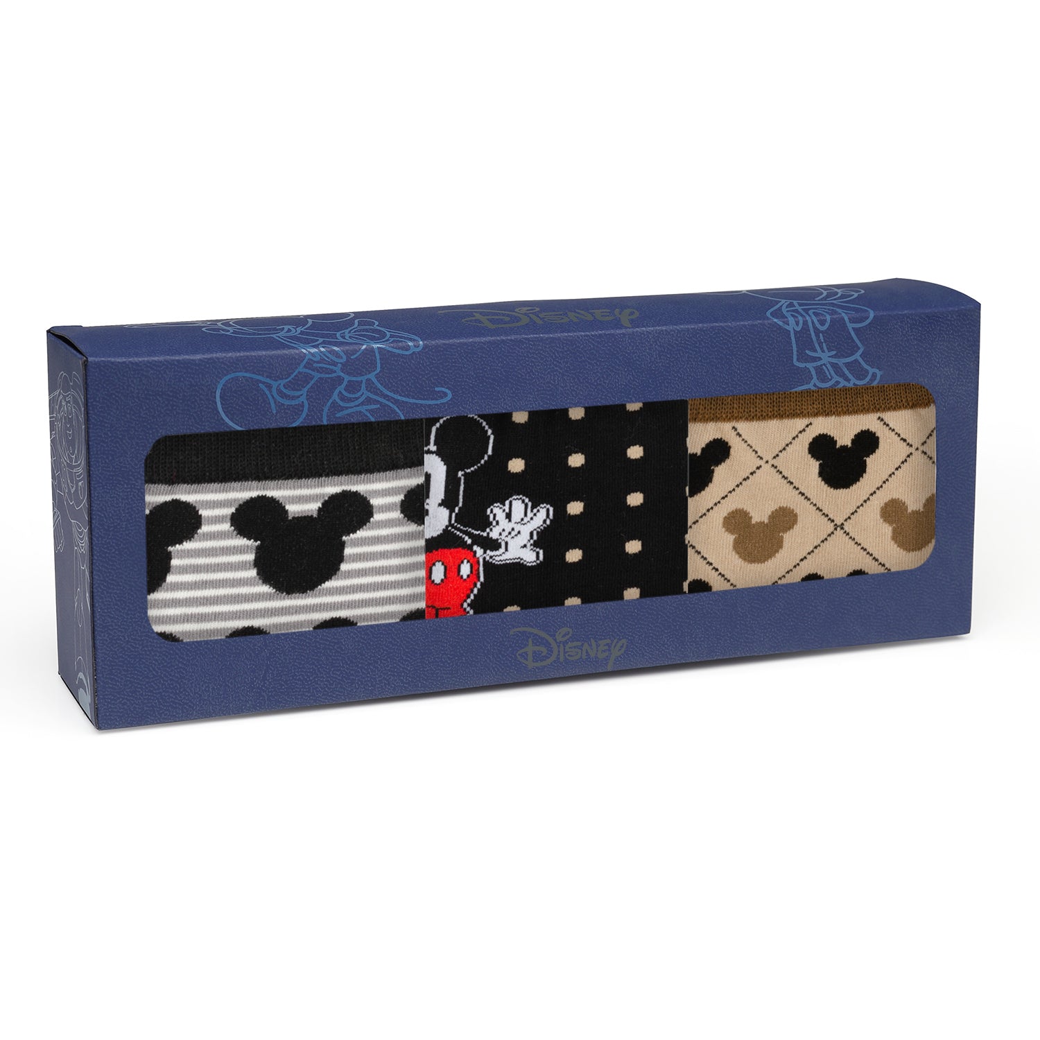 Box of Disney-themed socks with various patterns on a white background