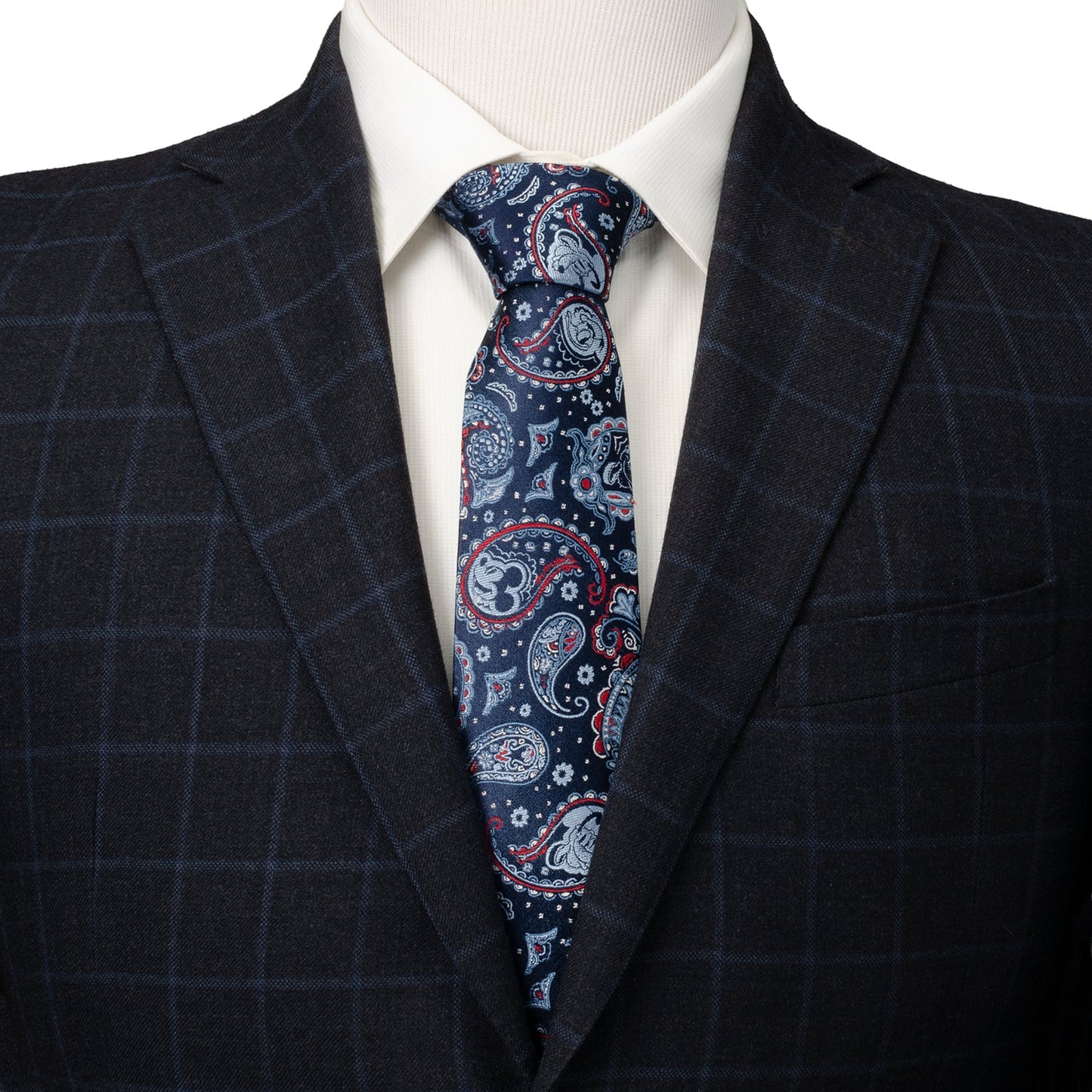 Disney Mickey and Friends Blue Paisley Silk Men’s Tie featuring Mickey icons woven into a vibrant red and blue paisley pattern. Officially licensed by Disney.
