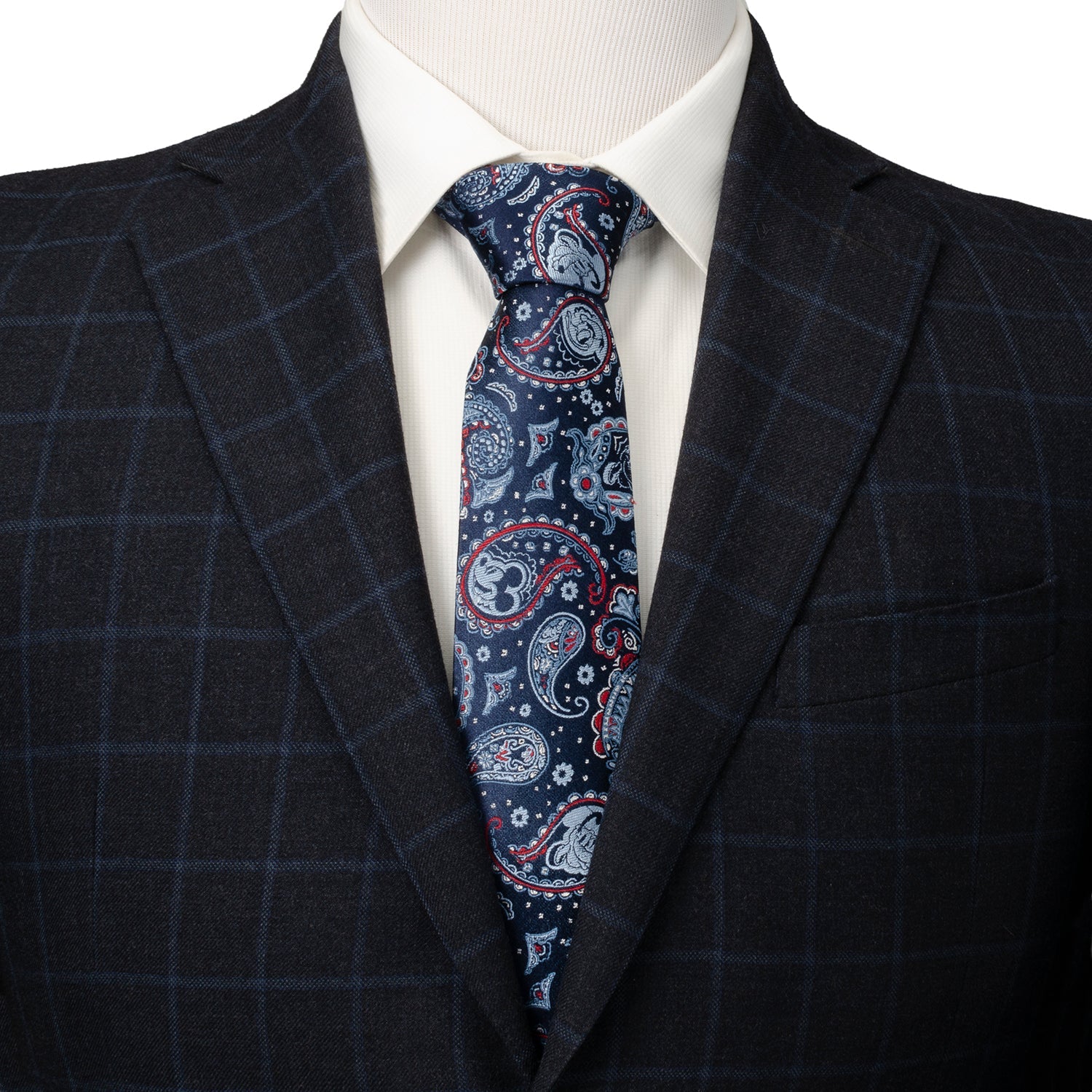 Disney Mickey and Friends Blue Paisley Silk Men’s Tie featuring Mickey icons woven into a vibrant red and blue paisley pattern. Officially licensed by Disney.