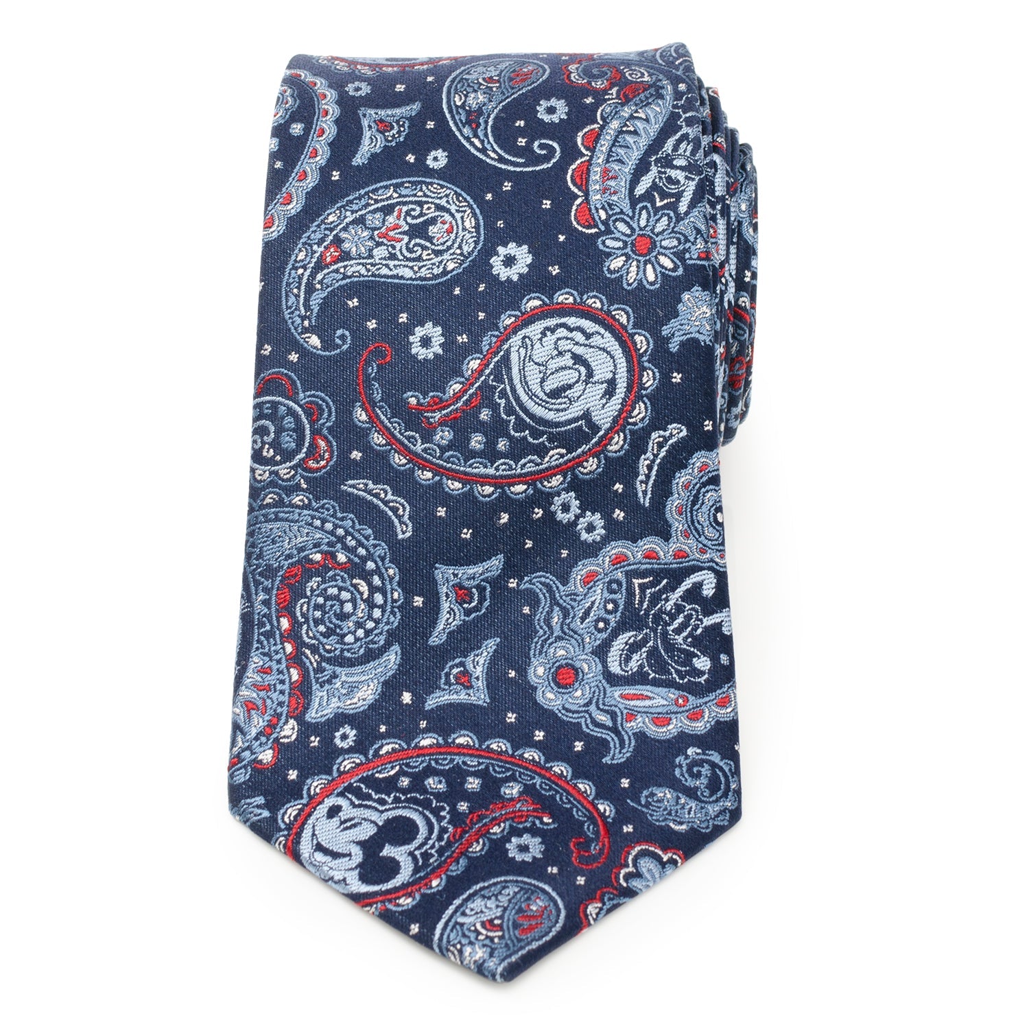 Disney Mickey and Friends Blue Paisley Silk Men’s Tie featuring Mickey icons woven into a vibrant red and blue paisley pattern. Officially licensed by Disney.
