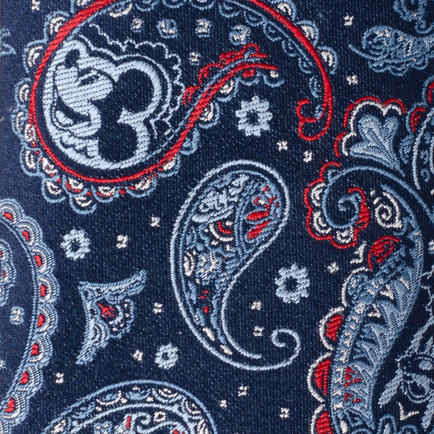 Disney Mickey and Friends Blue Paisley Silk Men’s Tie featuring Mickey icons woven into a vibrant red and blue paisley pattern. Officially licensed by Disney.
