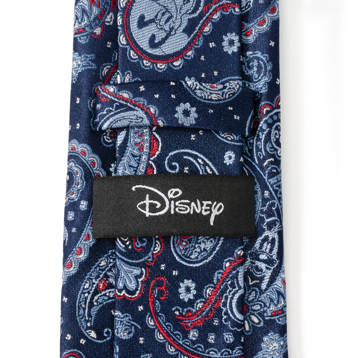 Disney Mickey and Friends Blue Paisley Silk Men’s Tie featuring Mickey icons woven into a vibrant red and blue paisley pattern. Officially licensed by Disney.