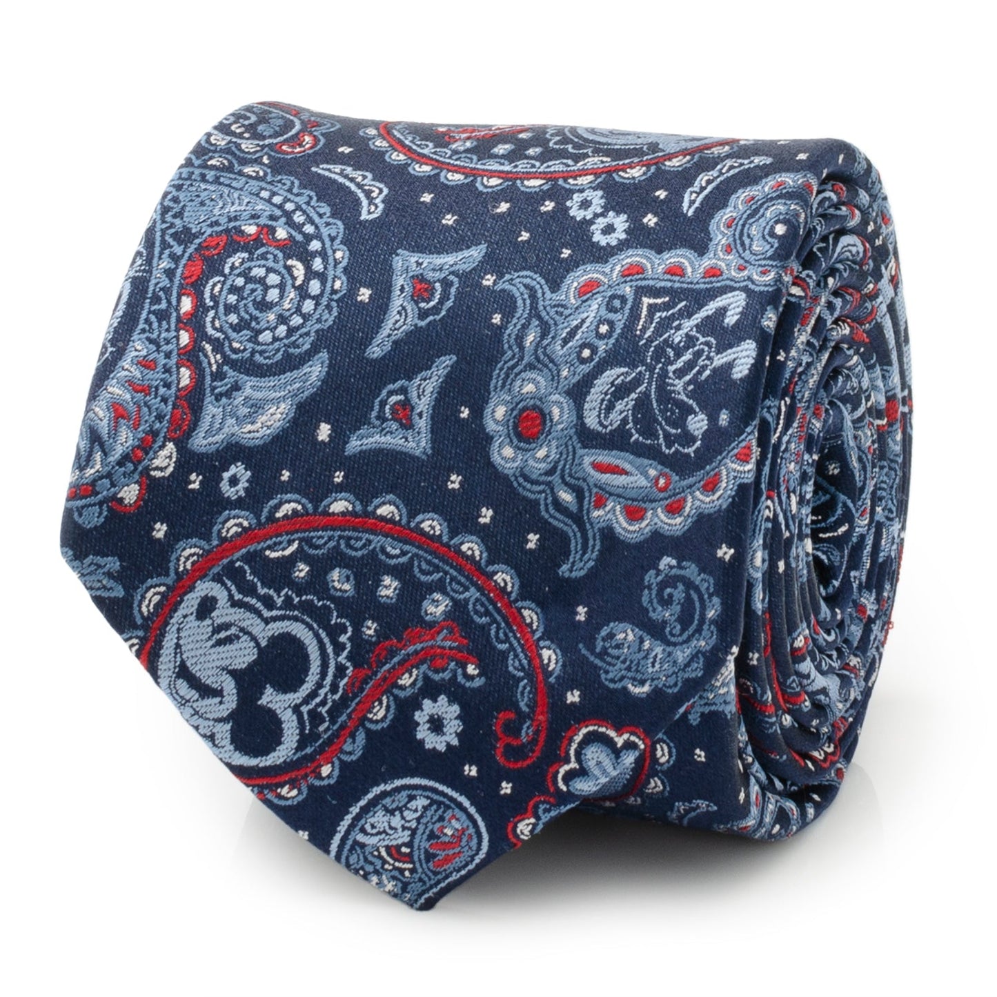 Disney Mickey and Friends Blue Paisley Silk Men’s Tie featuring Mickey icons woven into a vibrant red and blue paisley pattern. Officially licensed by Disney.