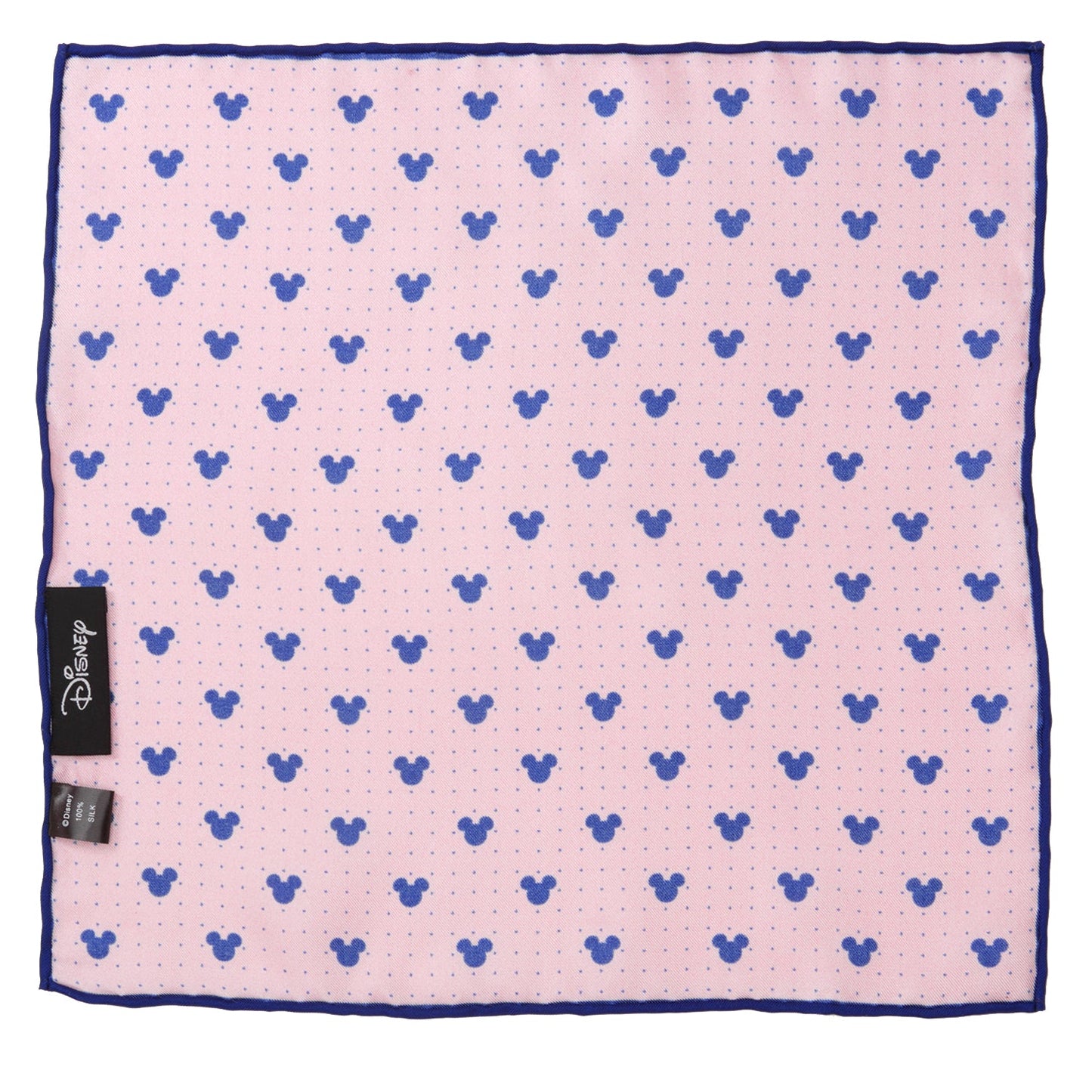 Pink fabric with blue mickey mouse heads pattern and Disney logo tag.