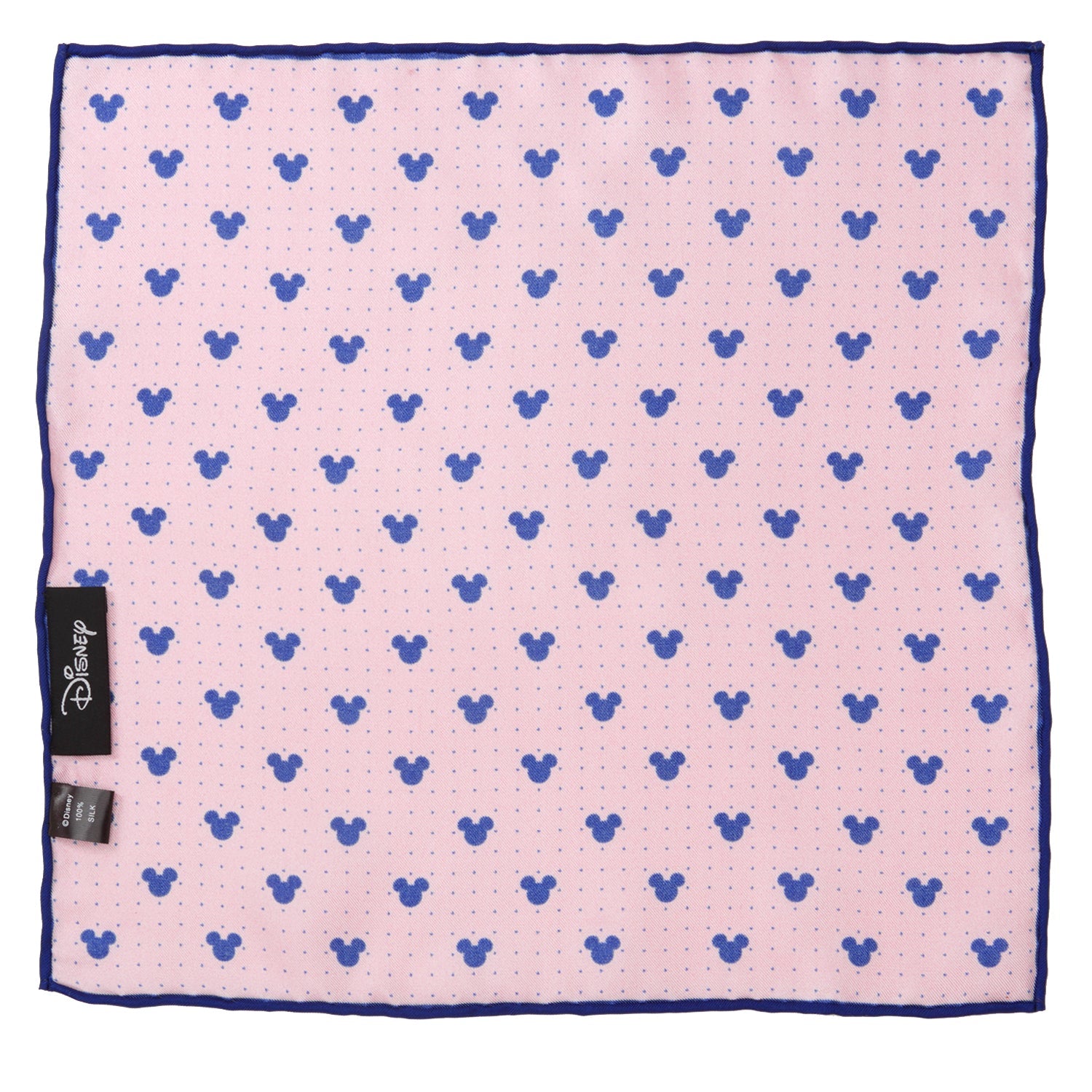 Pink fabric with blue mickey mouse heads pattern and Disney logo tag.