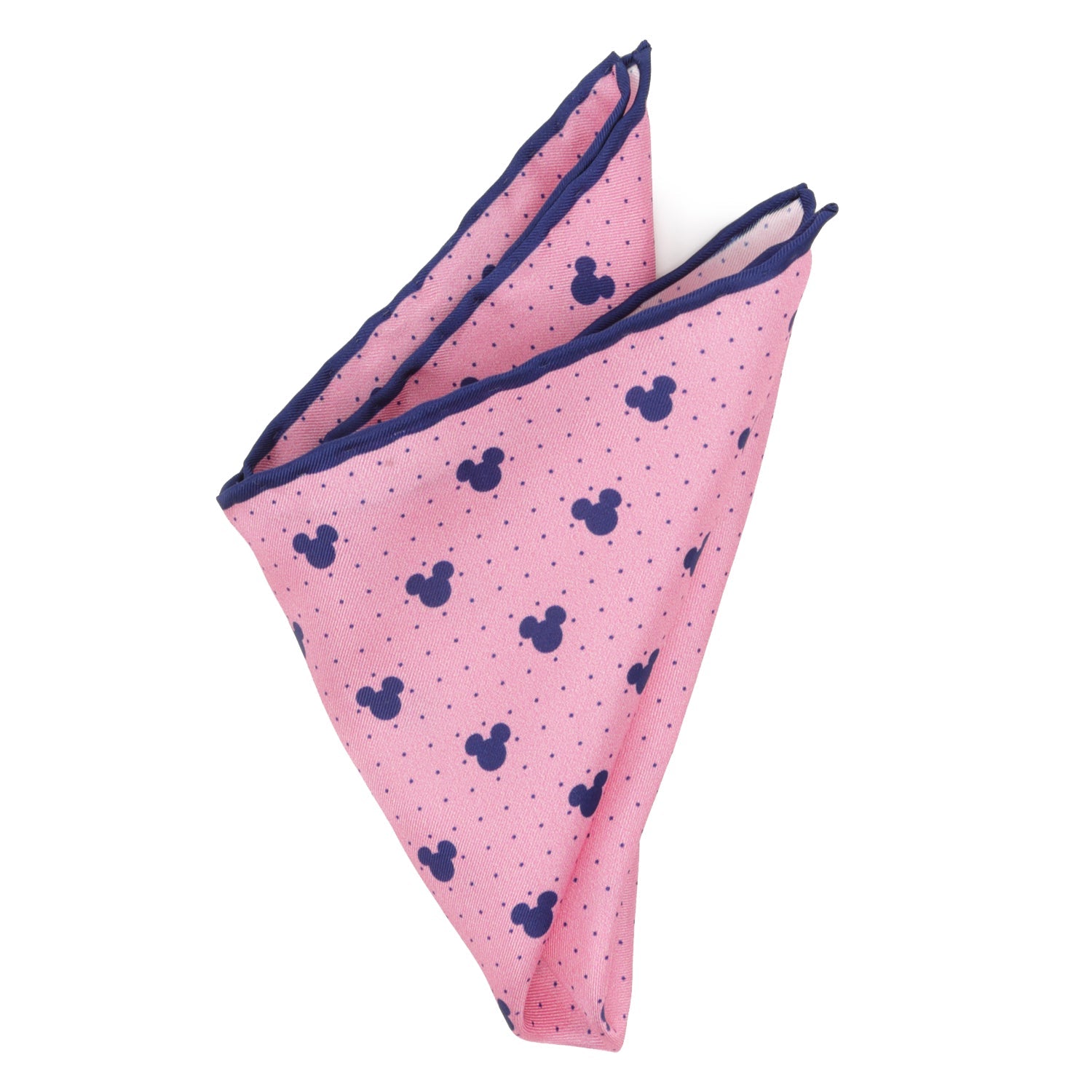 Pink pocket square with blue Mickey Mouse heads on a white background