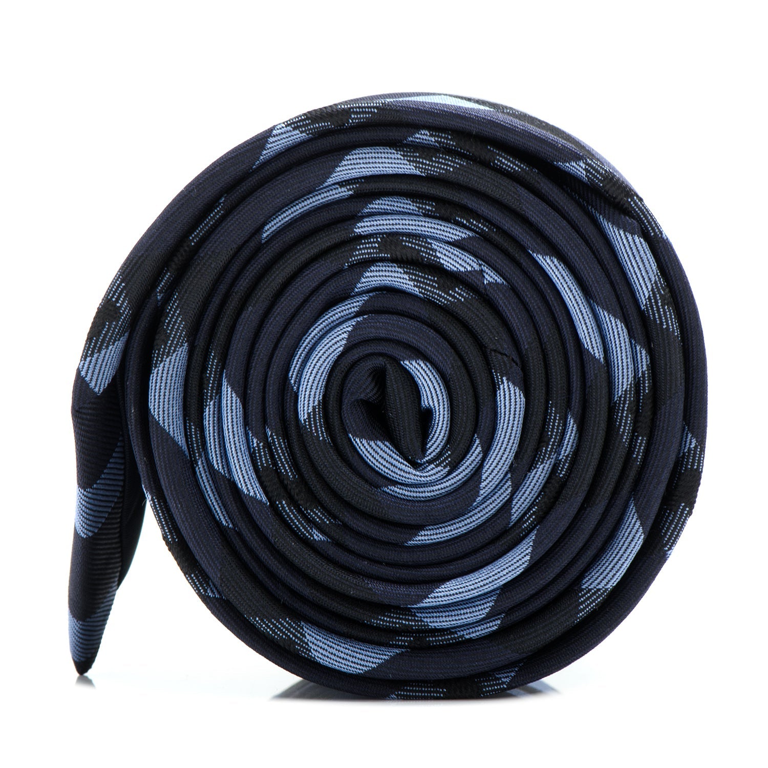 Coiled black and blue patterned tube on a white background