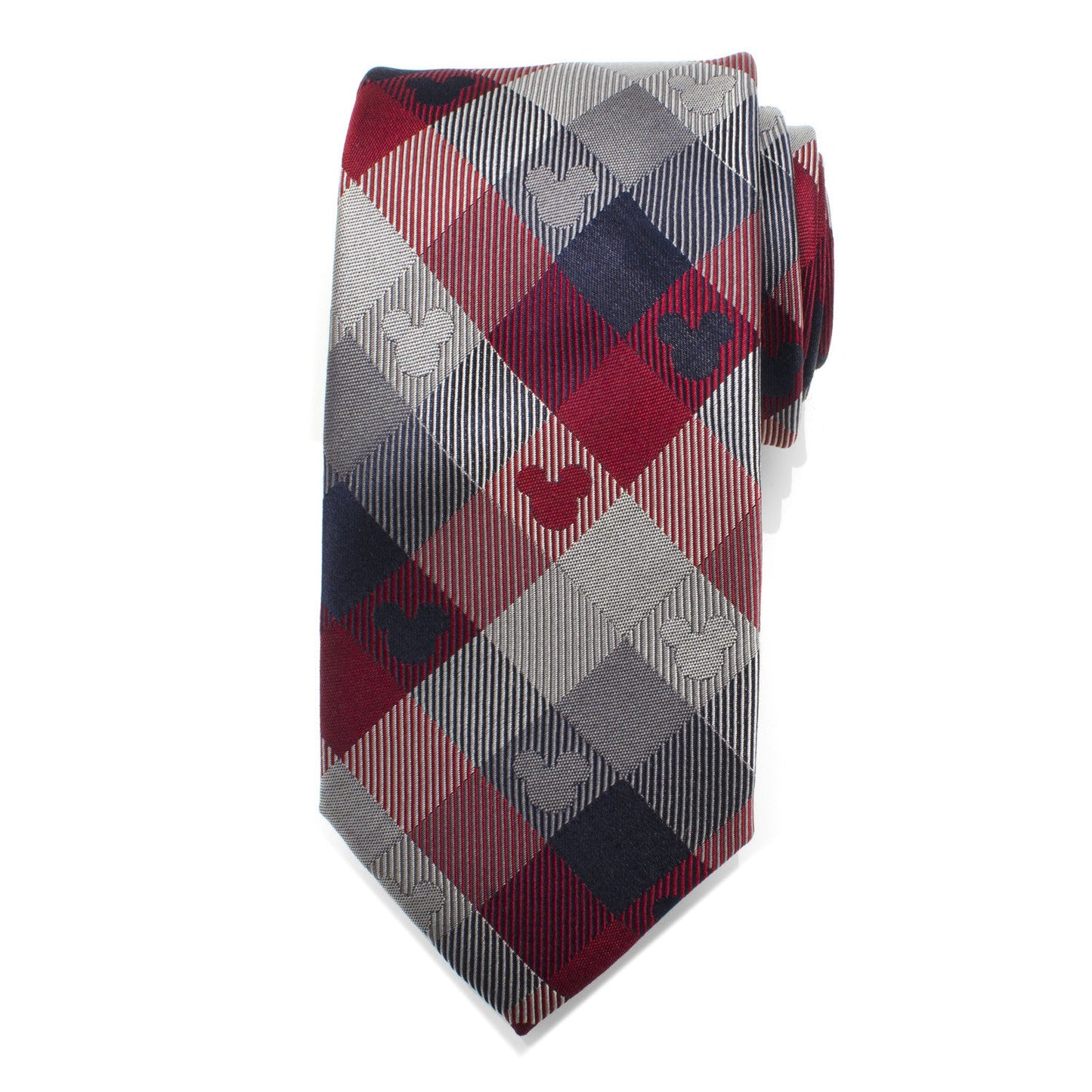 Disney Mickey Mouse Red and Blue Plaid Silk Men’s Tie featuring classic check pattern with subtle Mickey icons, officially licensed by Disney.