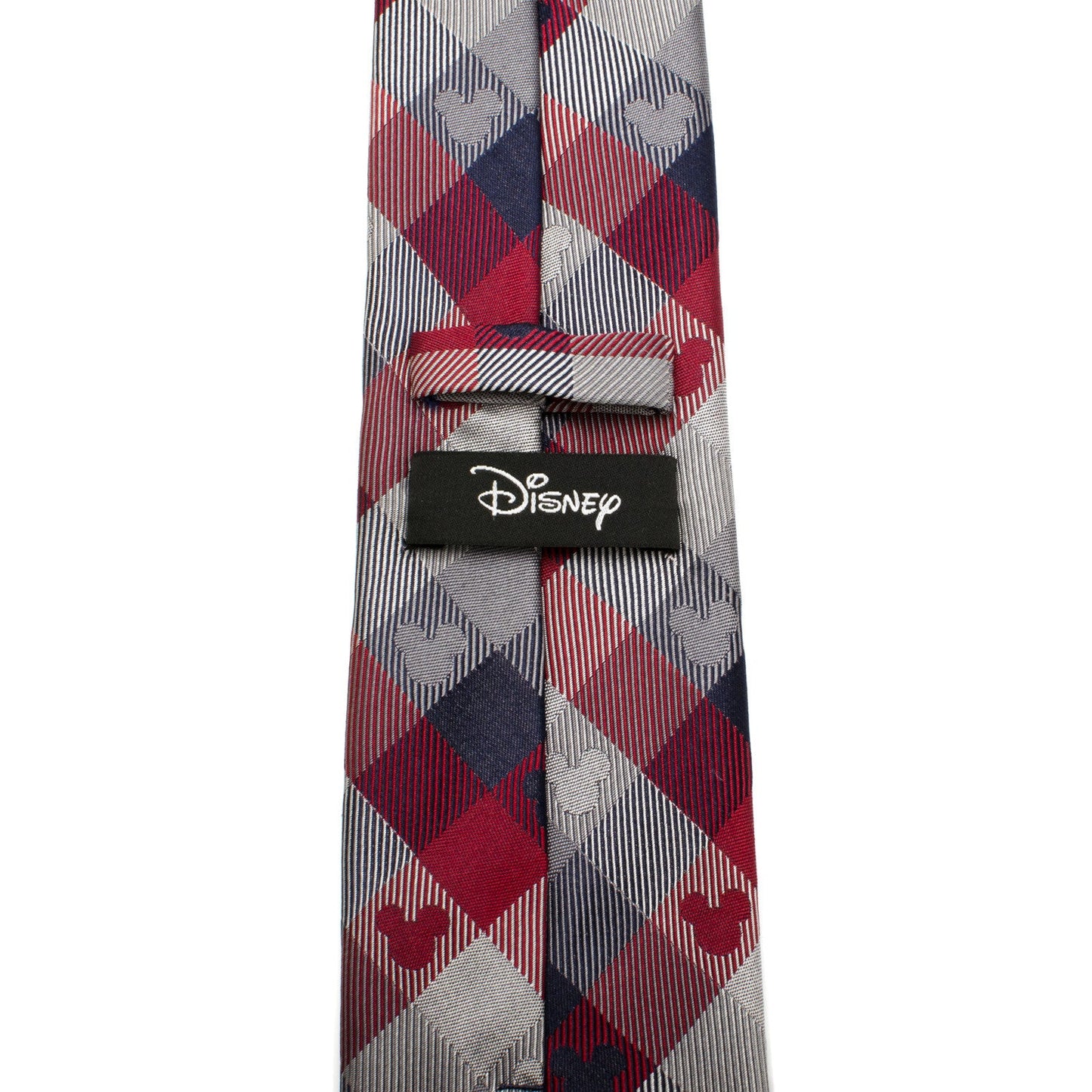 Disney Mickey Mouse Red and Blue Plaid Silk Men’s Tie featuring classic check pattern with subtle Mickey icons, officially licensed by Disney.