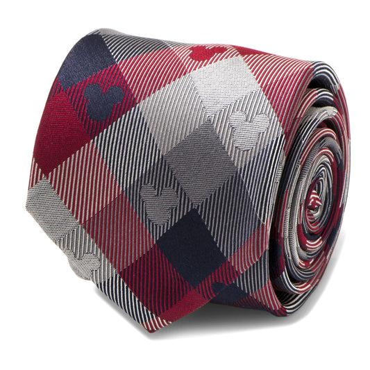 Disney Mickey Mouse Red and Blue Plaid Silk Men’s Tie featuring classic check pattern with subtle Mickey icons, officially licensed by Disney.