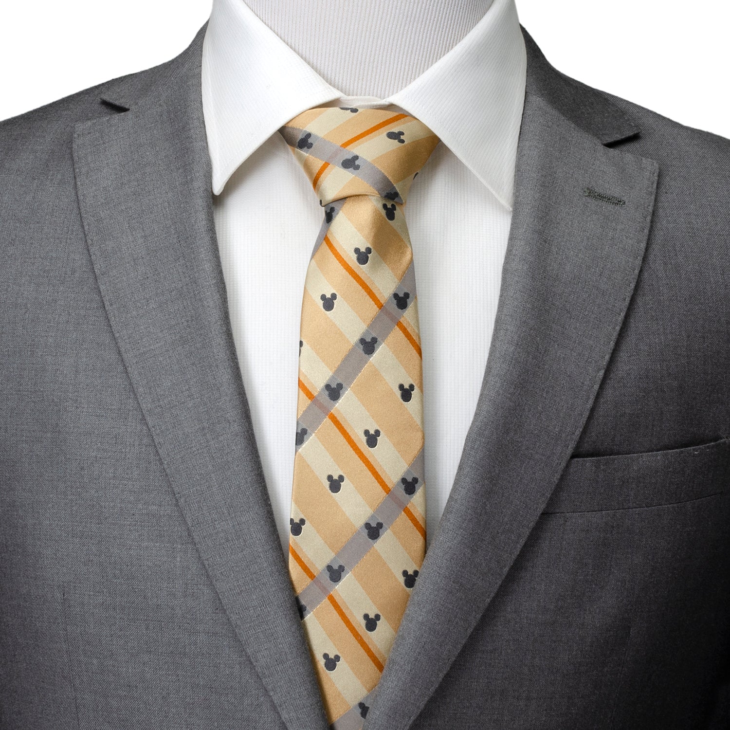 Gray suit with a patterned tie on a white background Hidden Mikey mouse