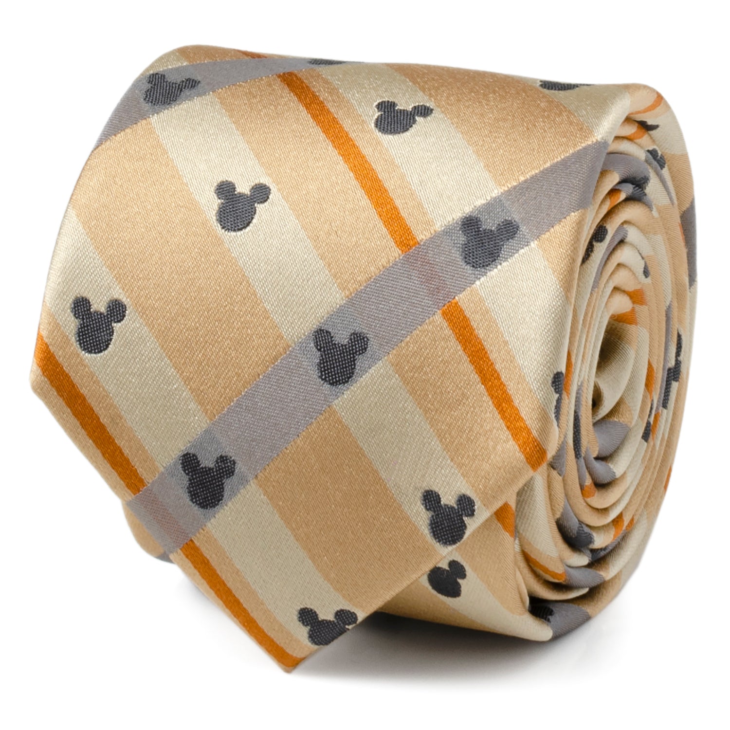 Folded tie with a pattern of orange, beige, gray, and black on a white background Hidden Mikey mouse