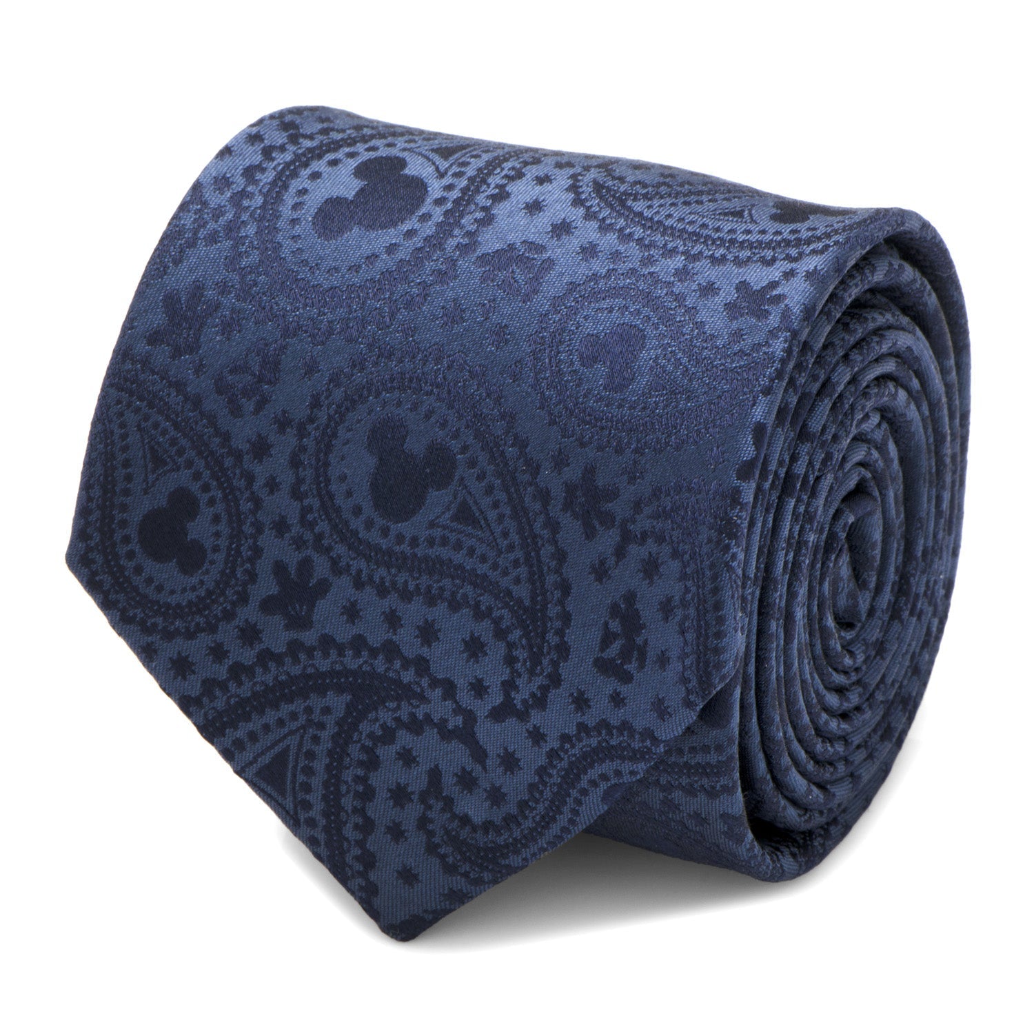 Rolled-up navy blue paisley tie on a white background Hidden Mickey Mouse