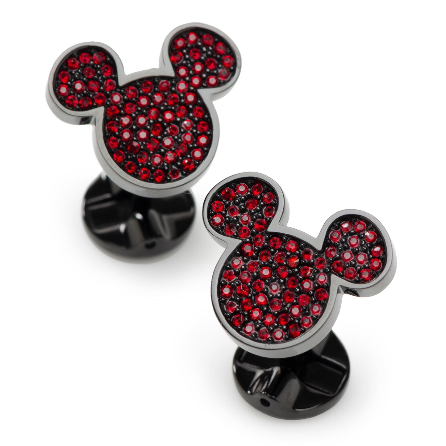 Mickey Mouse head-shaped earrings with red gemstones on a white background